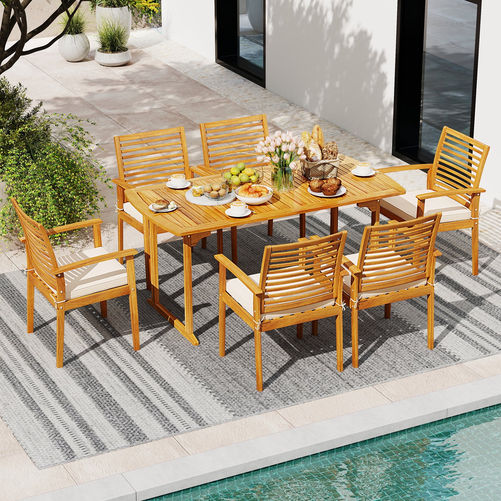 Acacia Wood 7 Piece Patio Dining Set With Umbrella Hole