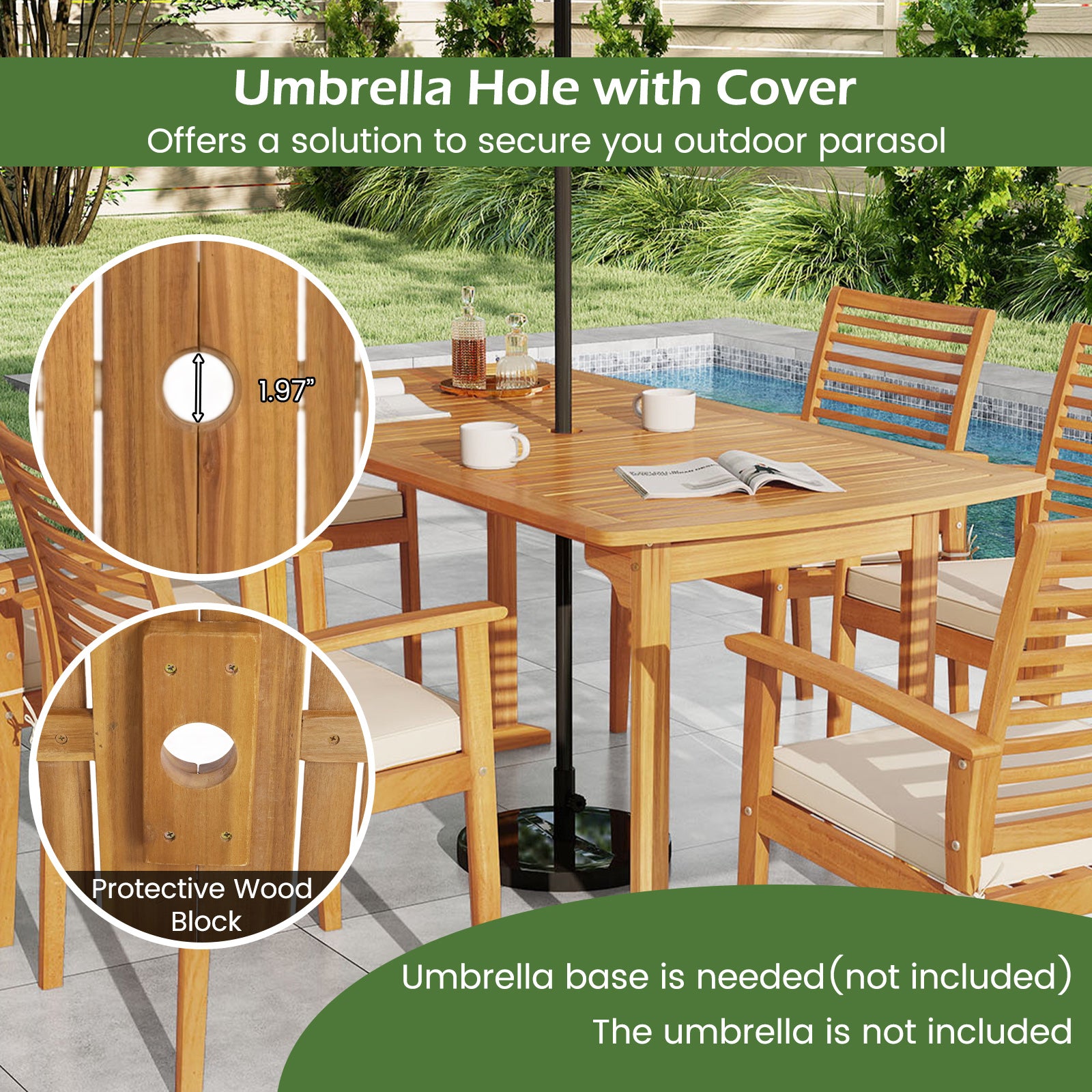 Acacia Wood 7 Piece Patio Dining Set With Umbrella Hole