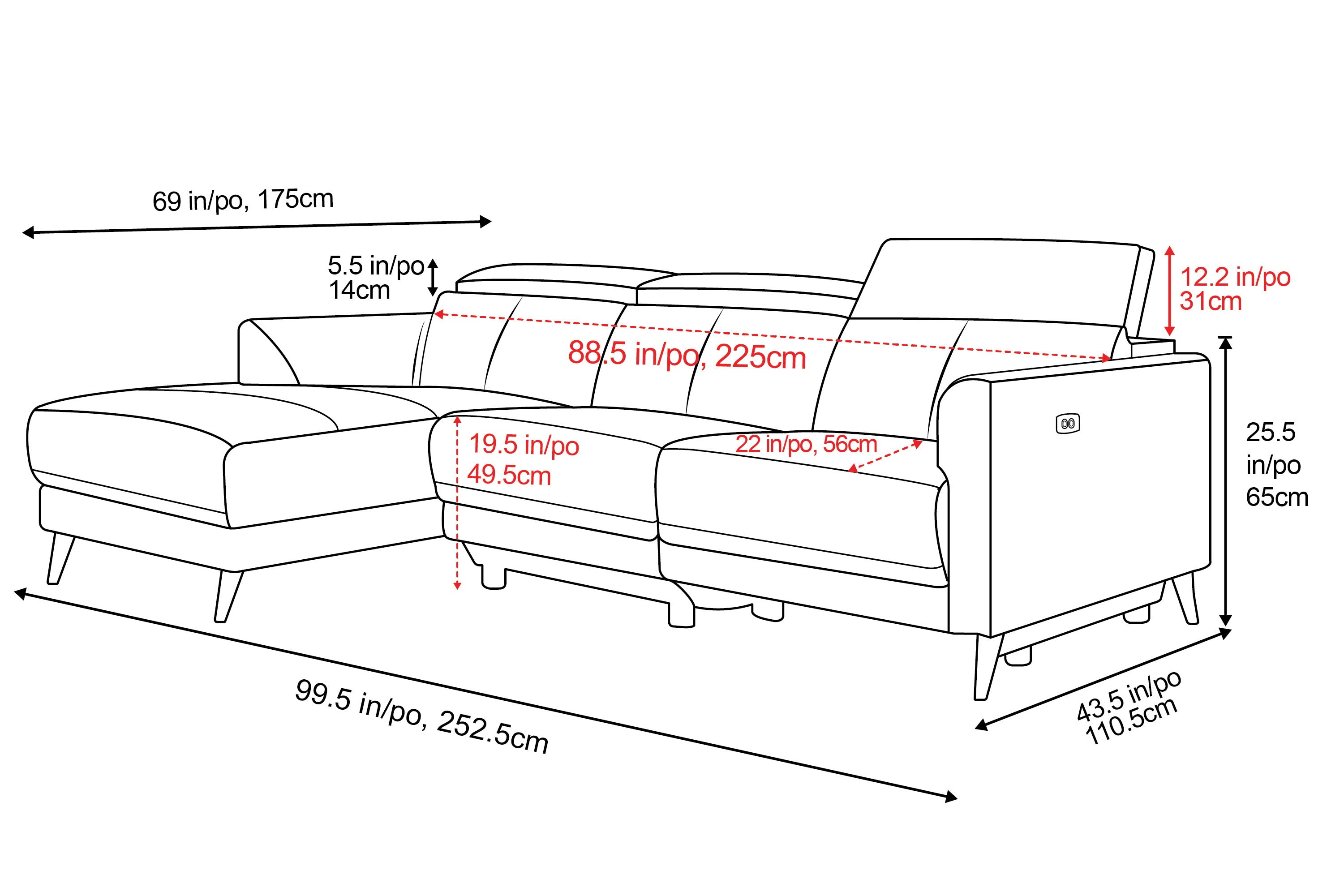 Elevate your living space with the Valencia Andria Grey Leather Reclining Sectional Size Diagram