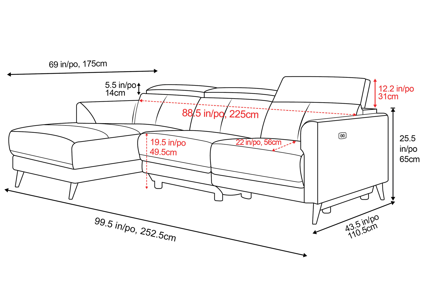 Elevate your living space with the Valencia Andria Grey Leather Reclining Sectional Size Diagram