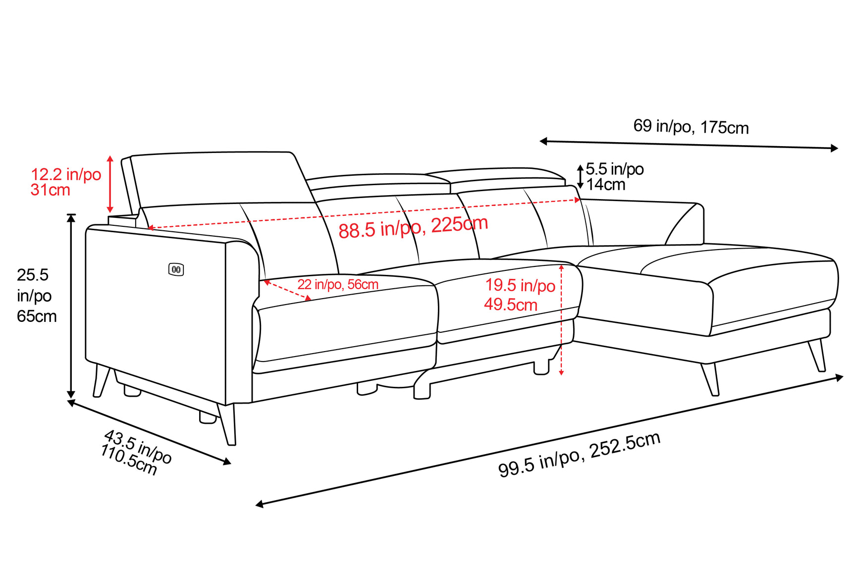 Valencia Andria Modern Right Hand Facing Top Grain Leather Reclining Sectional Sofa Size diagram