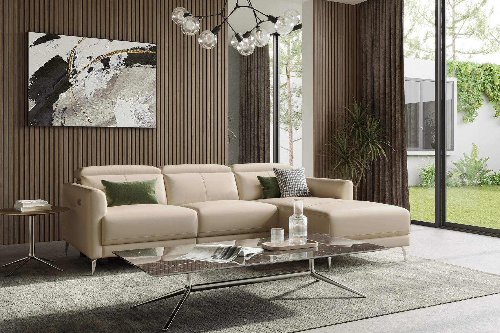 Valencia Andria Modern Right Hand Facing Top Grain Leather Reclining Sectional Sofa, Beige Color White background picture