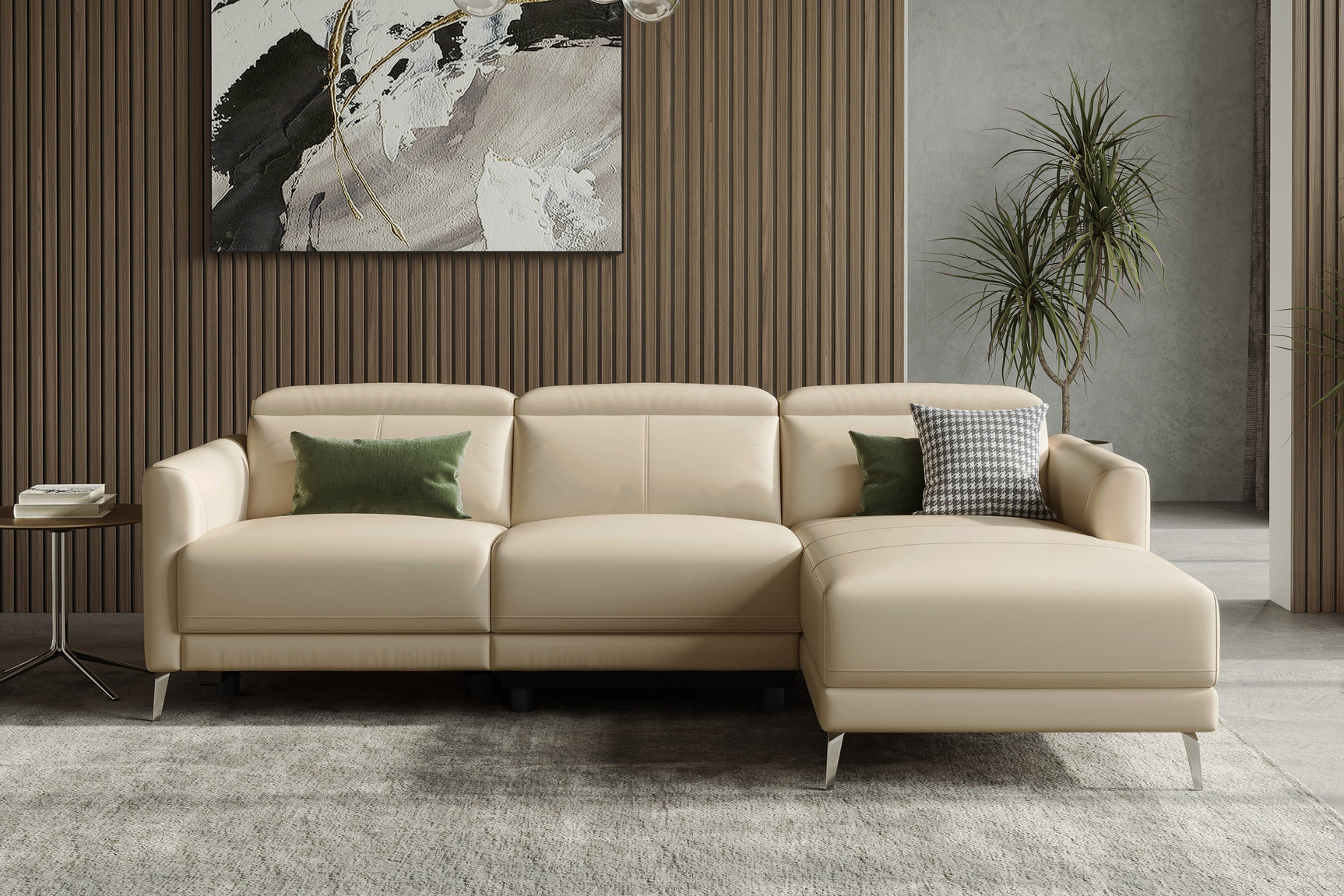 Valencia Andria Modern Right Hand Facing Top Grain Leather Reclining Sectional Sofa, Beige Color Scene diagram Front View