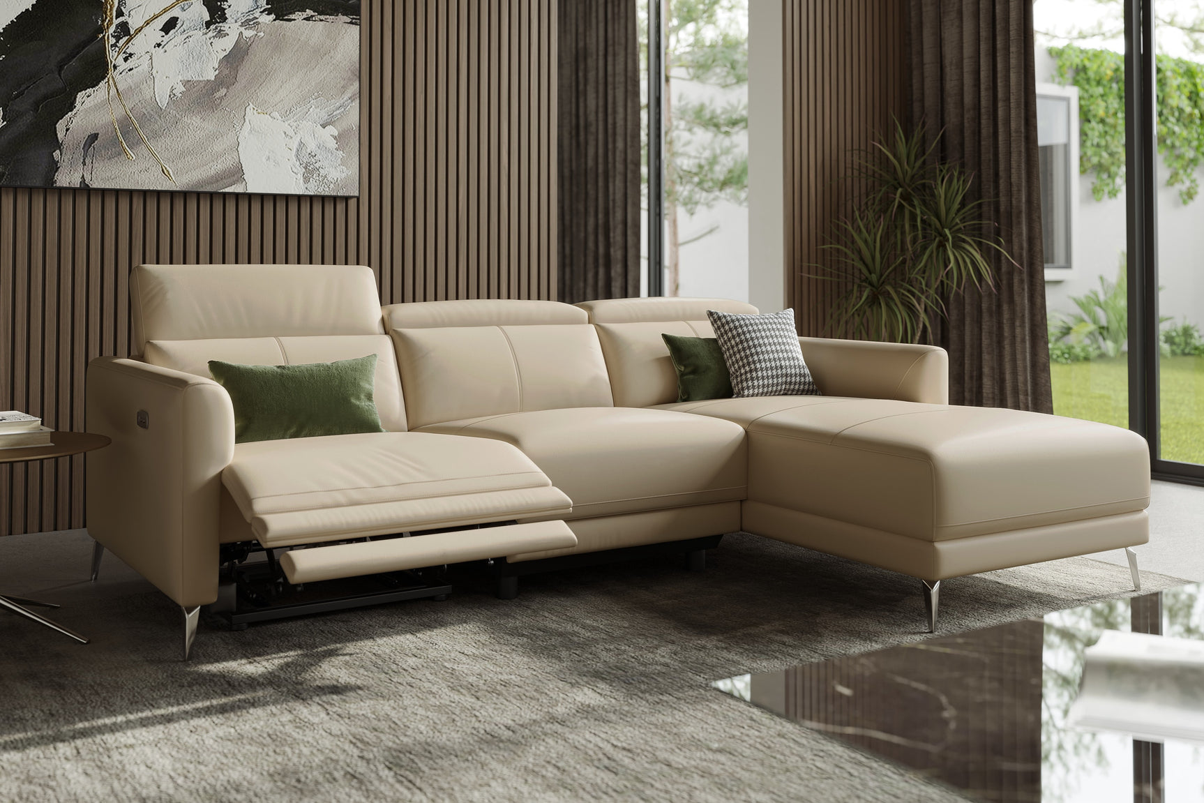 Valencia Andria Modern Right Hand Facing Top Grain Leather Reclining Sectional Sofa, Beige Color Left side diagram