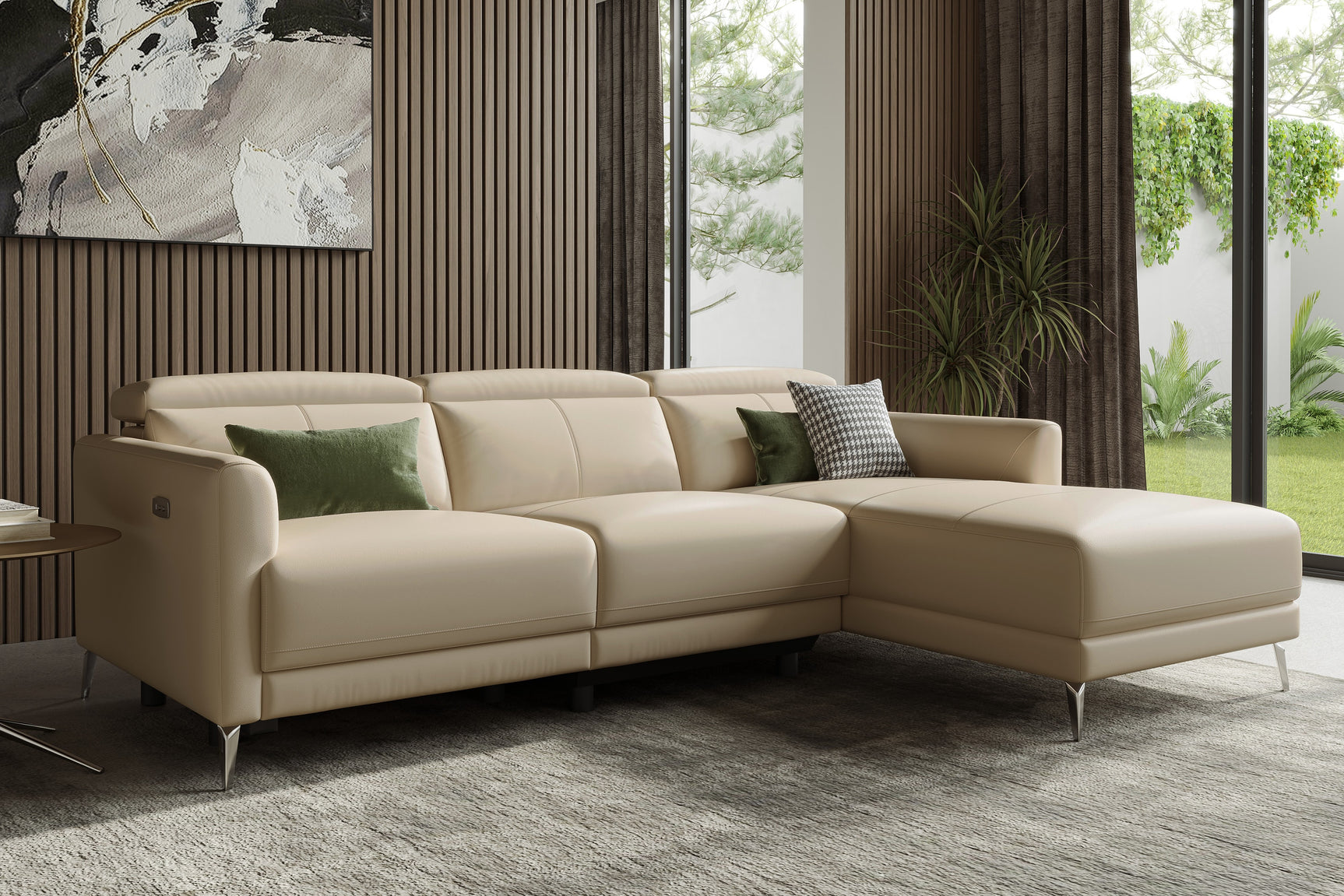 Valencia Andria Modern Right Hand Facing Top Grain Leather Reclining Sectional Sofa, Beige Color Left side diagram-1