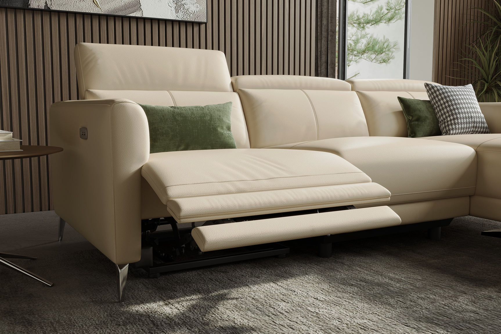 Valencia Andria Modern Right Hand Facing Top Grain Leather Reclining Sectional Sofa, Beige Color Left side diagram