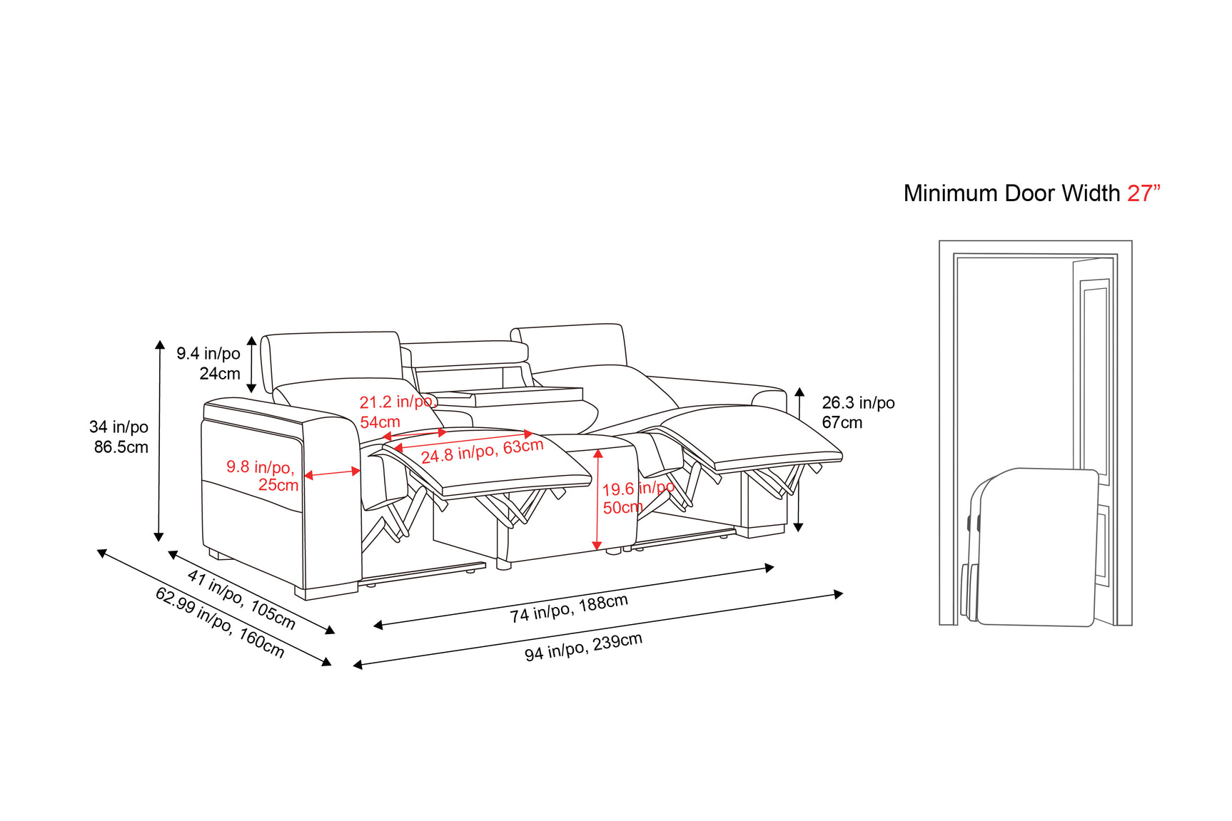 Arlington Immersive Audio Leather Dual Recliner Sofa with Heat & Massage