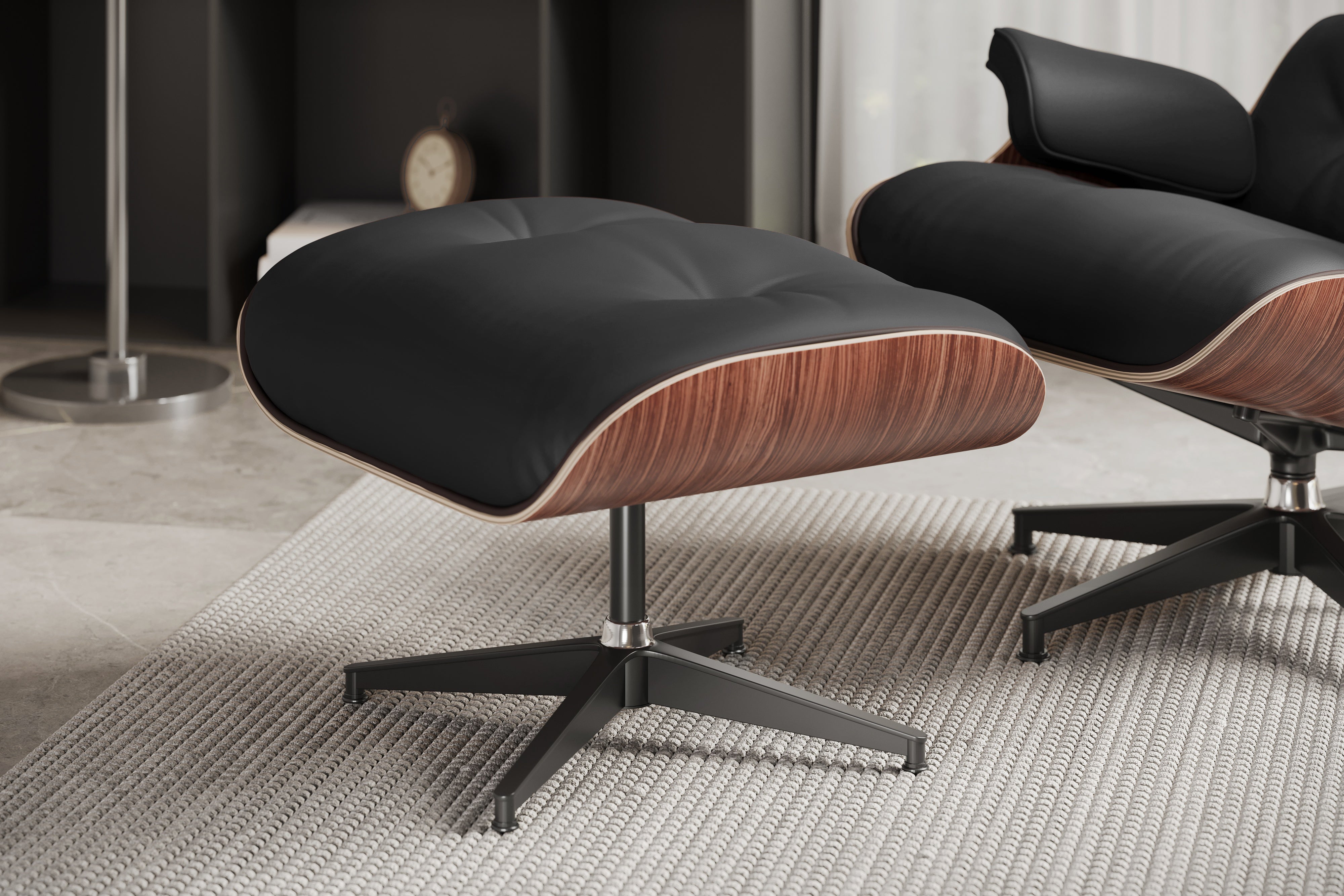 Armoni Eames Replica Top Grain Leather Lounge Chair & Ottoman, Black - Swivel Ottoman's Right Angled View in a Living Room.
