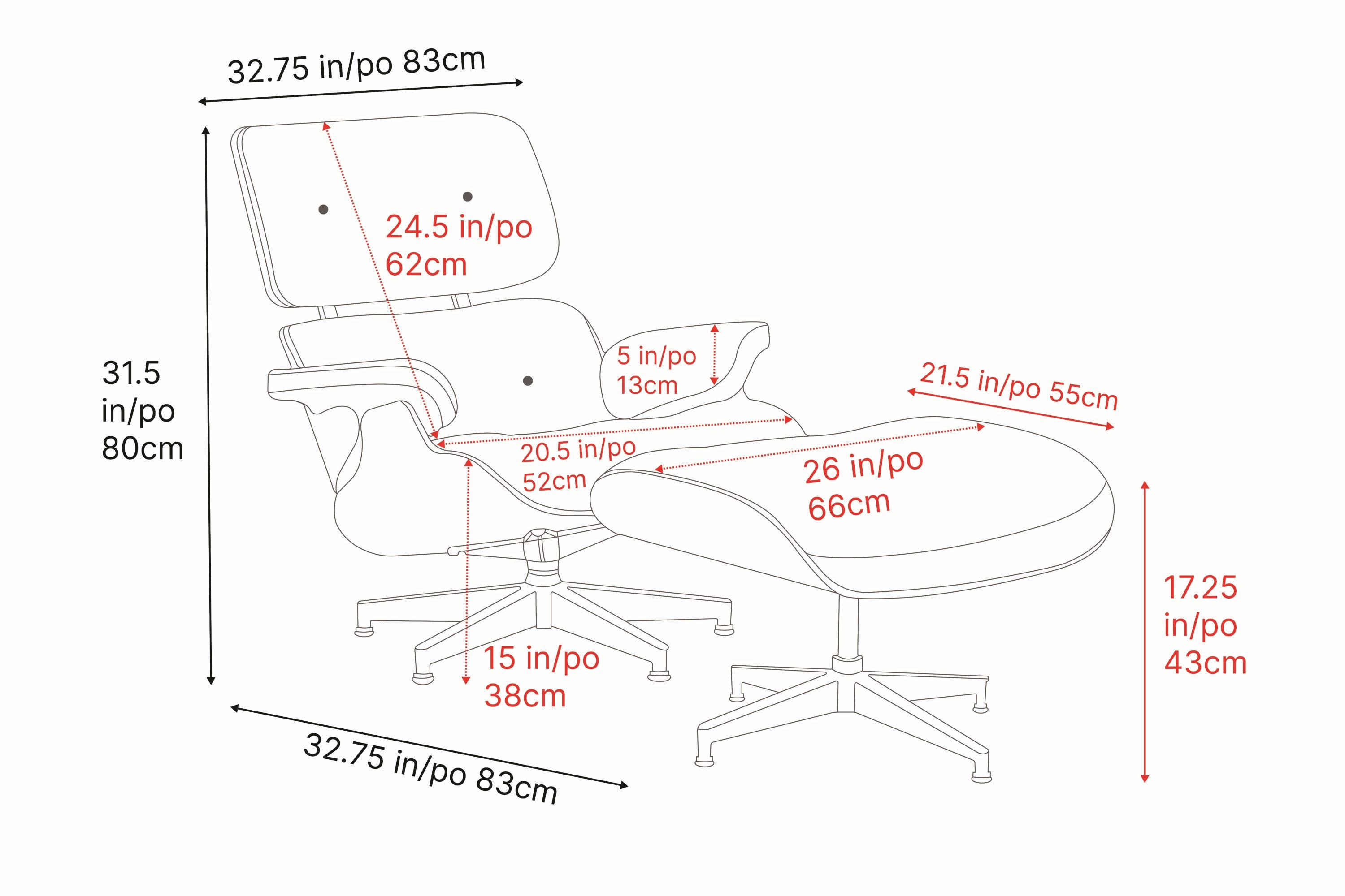 Armoni Eames Replica Top Grain Leather Lounge Chair & Ottoman - Dimension Drawing Image