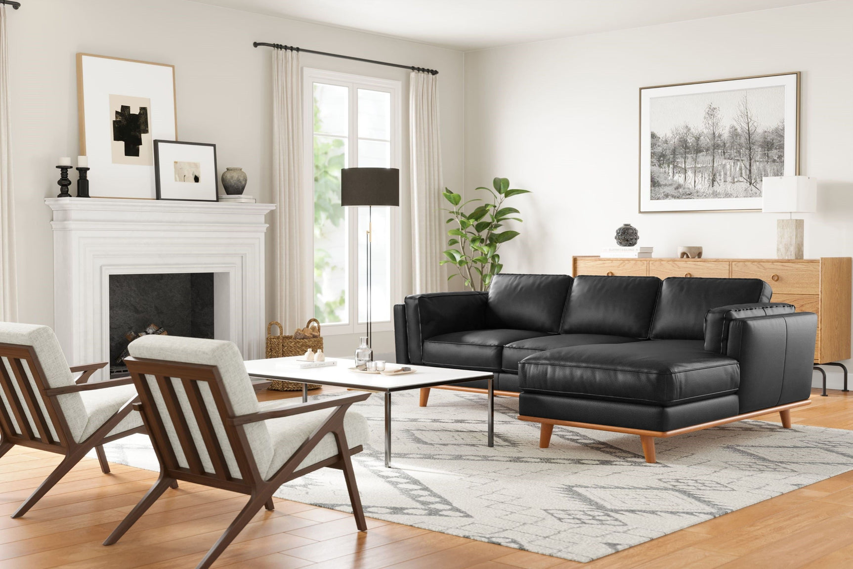 Valencia Artisan Top Grain Leather Three Seats with Right Chaise Leather Black Sofa Scene diagram