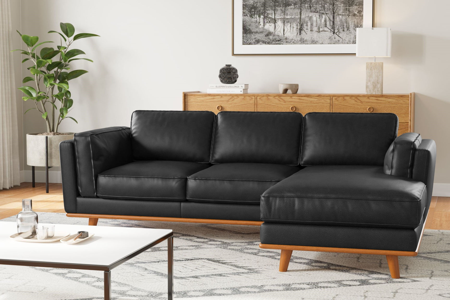 Valencia Artisan Top Grain Leather Three Seats with Right Chaise Leather Black Sofa Scene diagram