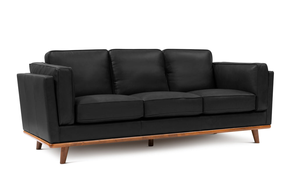 Black Valencia Artisan Wide Three Seats Leather Sofa, White background diagram