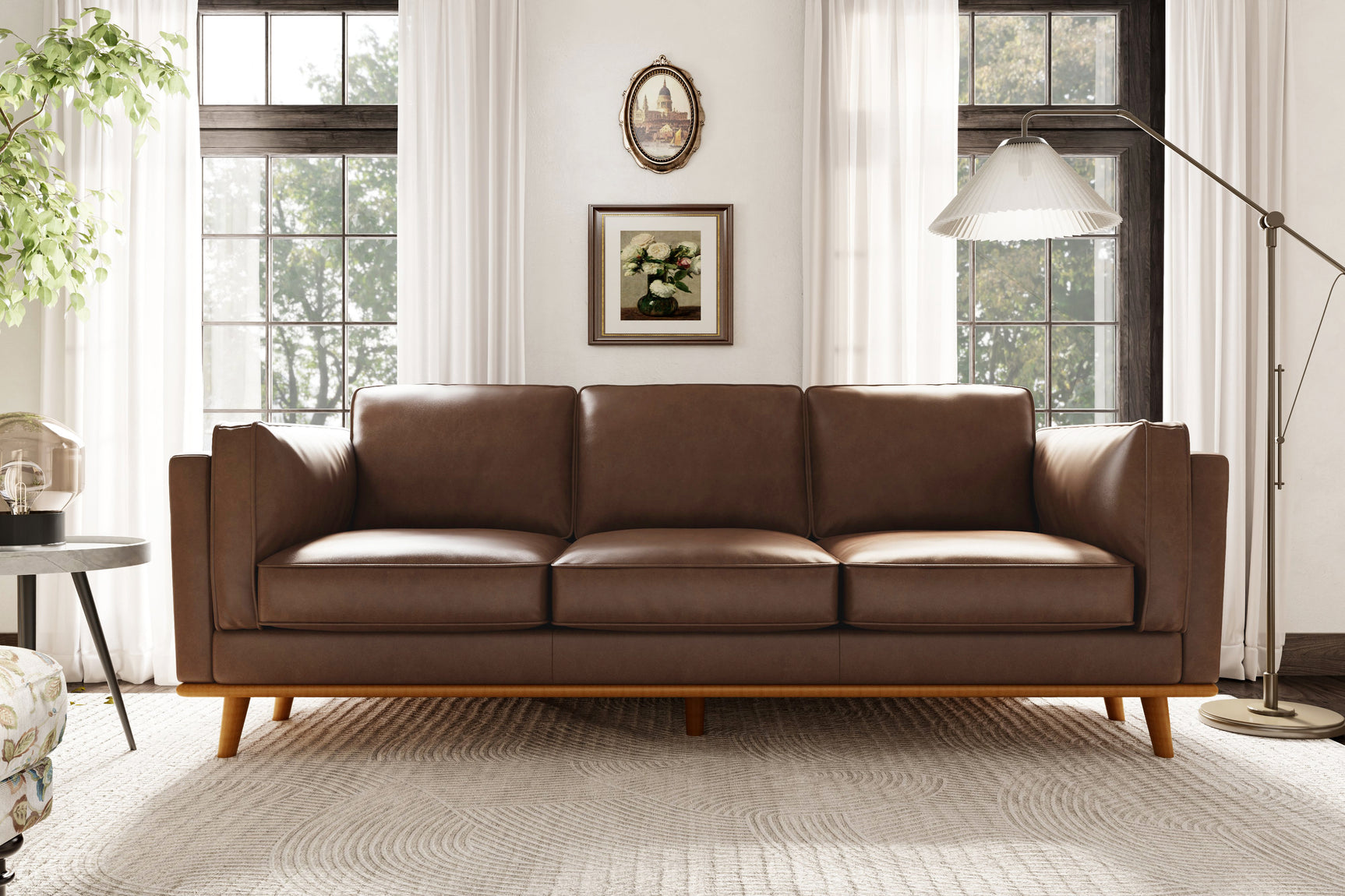 Valencia Artisan Chocolate Wide Three Seats Leather Sofa Front View Scene map