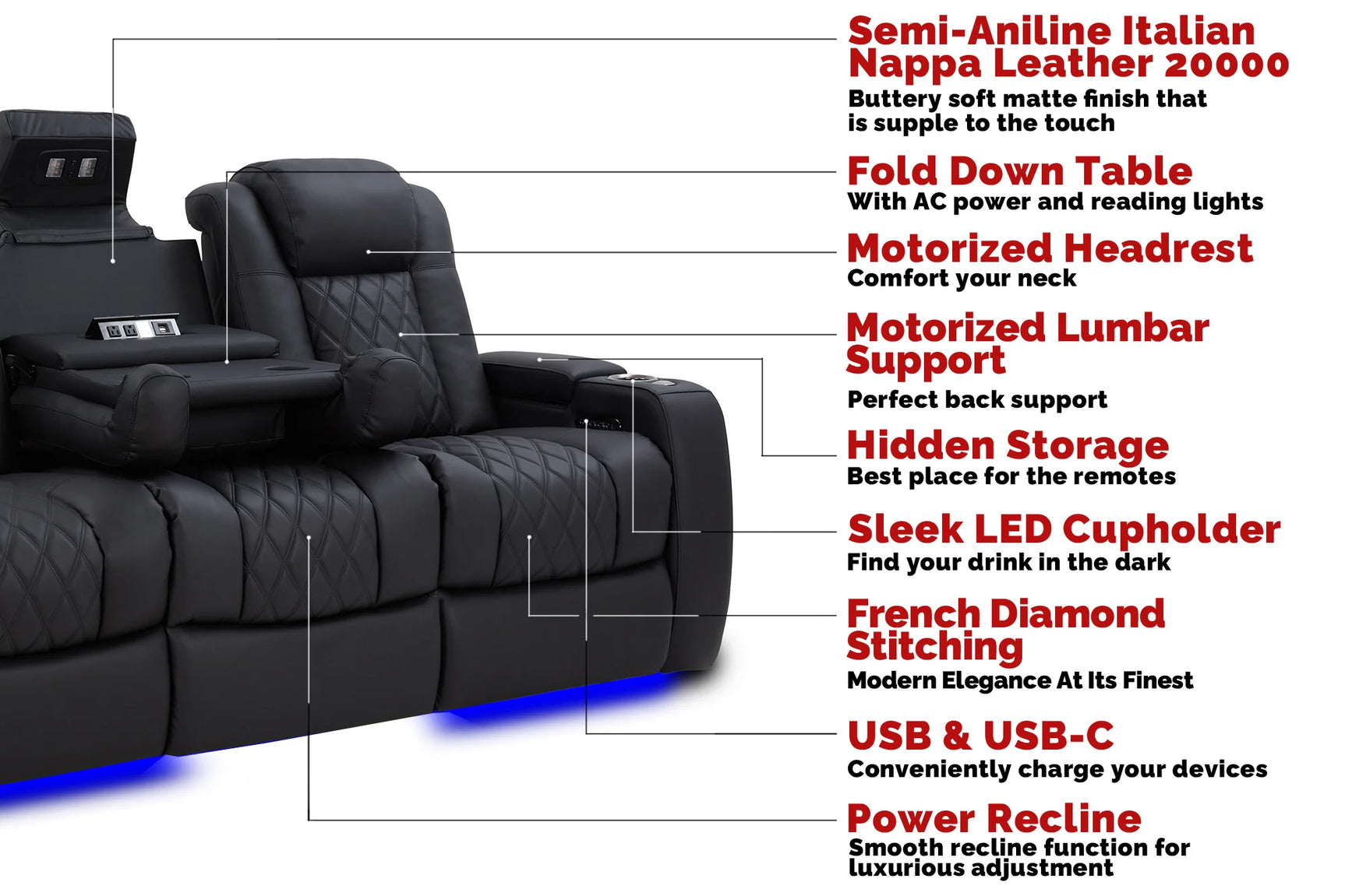 Valencia Tuscany Luxury Console Leather Home Theater Seating Row of 3 Dropdown Center, Graphite