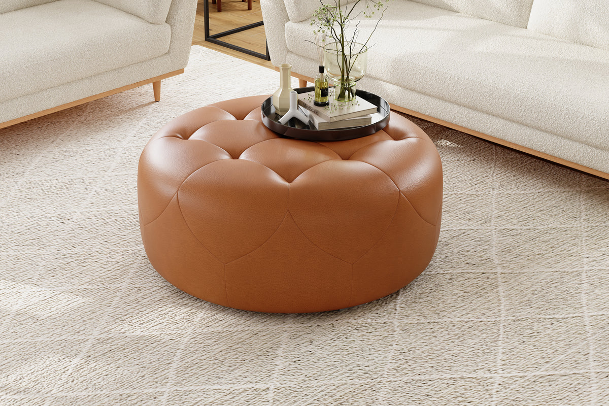 Valencia Brandy Round Full Leather Ottoman Cognac color