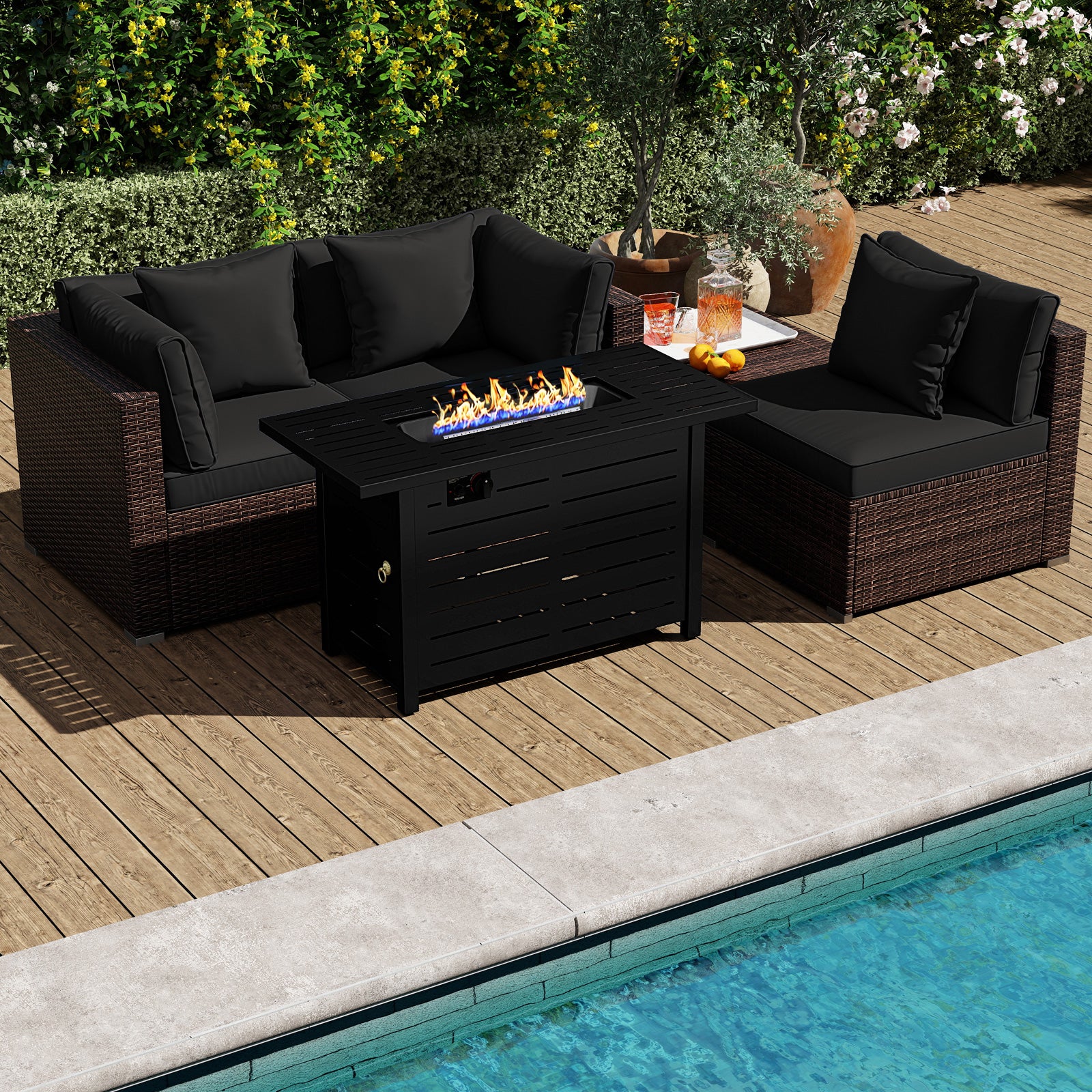 Heavy-duty Frame Rattan Sofa Set with 60000 BTU Firepit Table