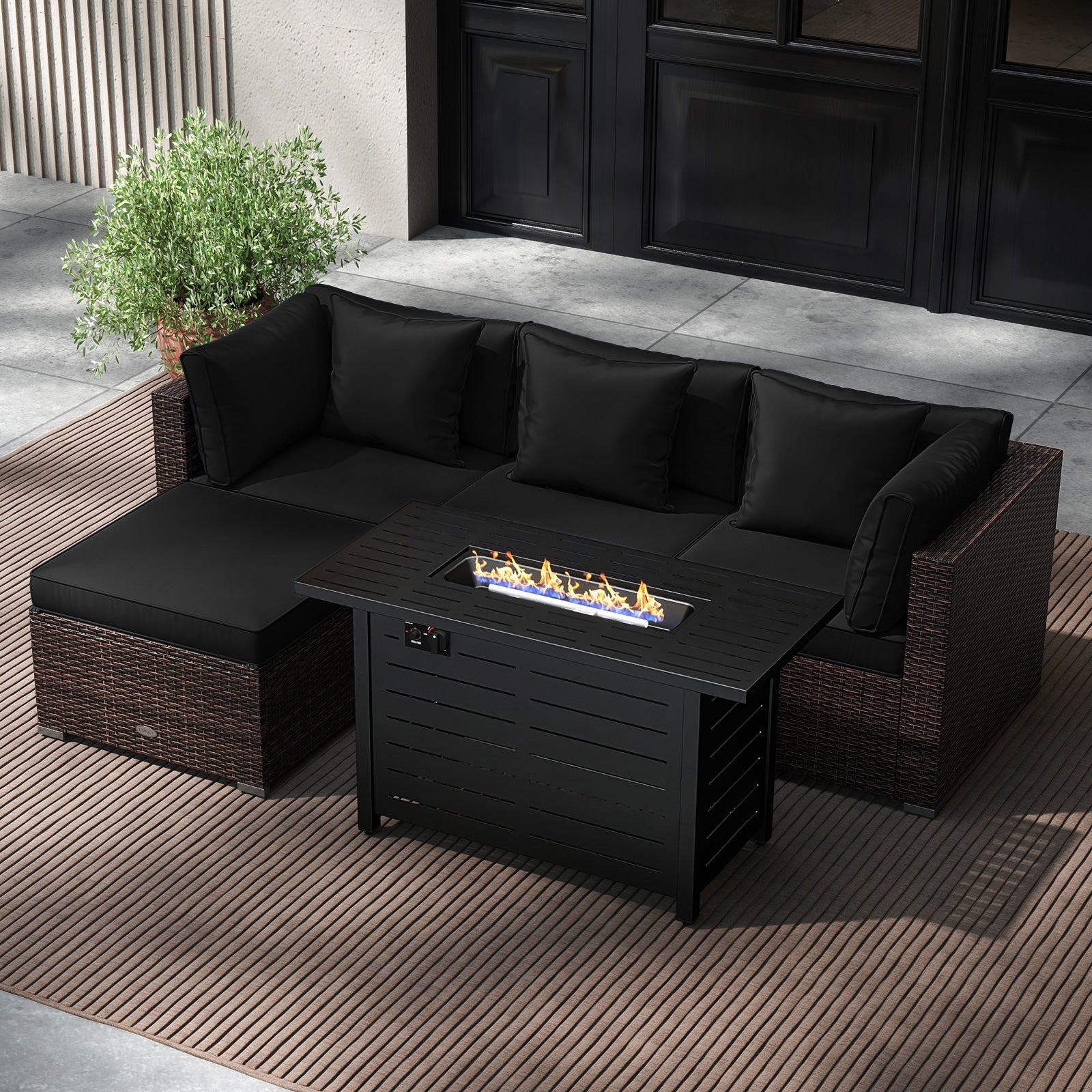Heavy-duty Frame Rattan Sofa Set with 60000 BTU Firepit Table