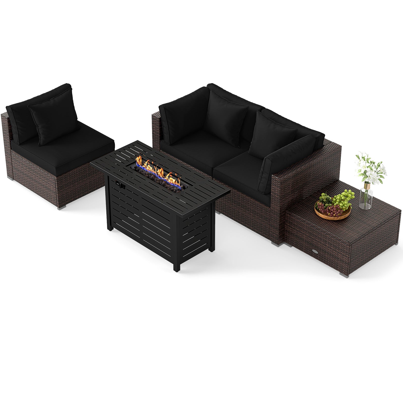 Heavy-duty Frame Rattan Sofa Set with 60000 BTU Firepit Table