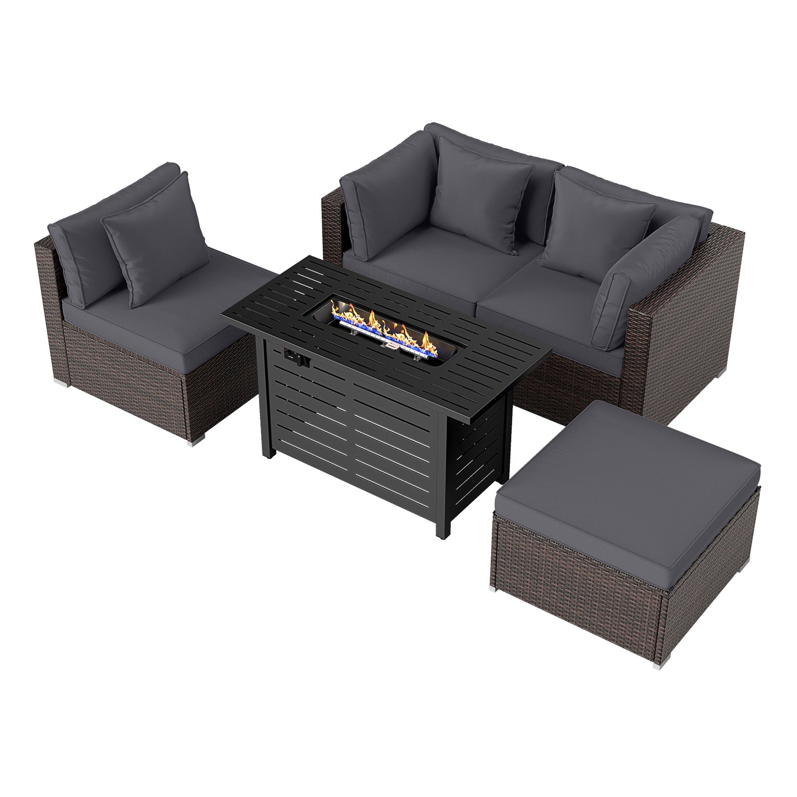 Heavy-duty Frame Rattan Sofa Set with 60000 BTU Firepit Table