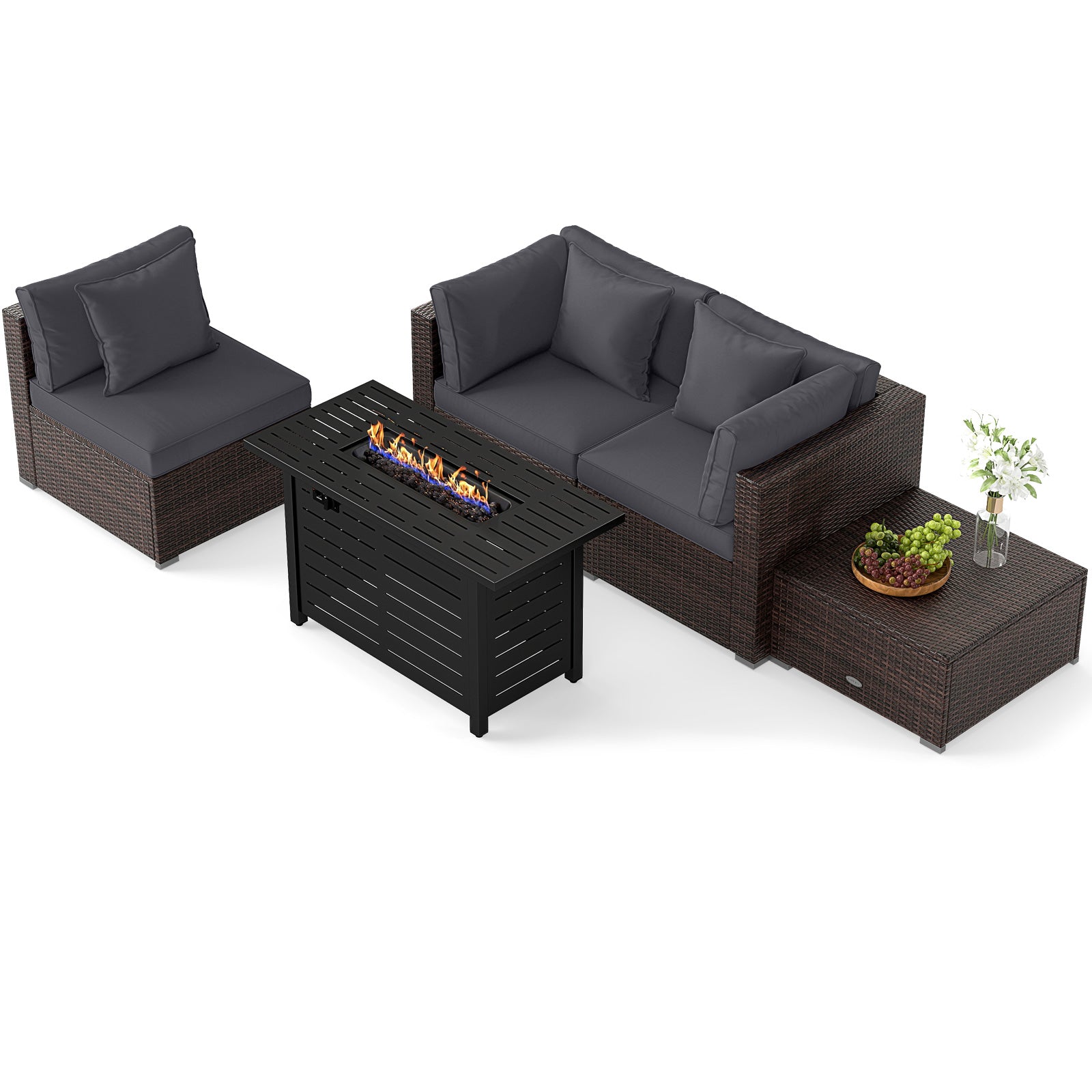 Heavy-duty Frame Rattan Sofa Set with 60000 BTU Firepit Table