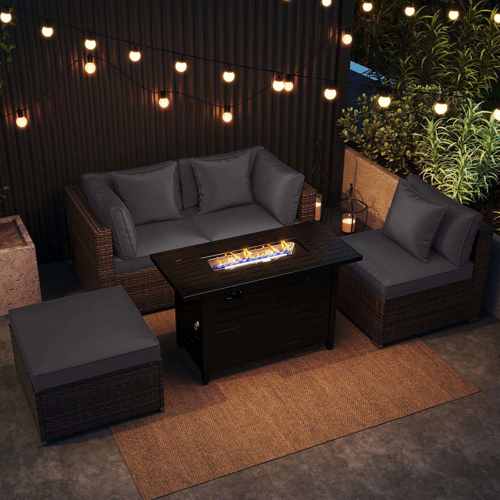 Heavy-duty Frame Rattan Sofa Set with 60000 BTU Firepit Table