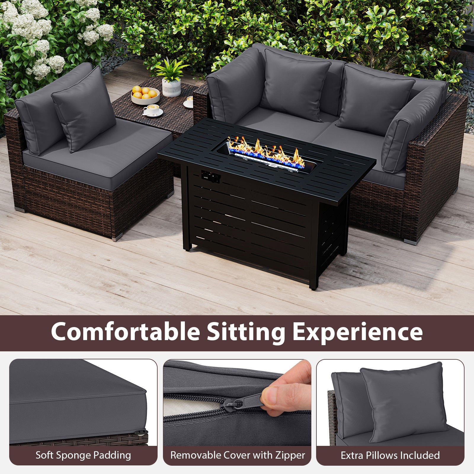 Heavy-duty Frame Rattan Sofa Set with 60000 BTU Firepit Table