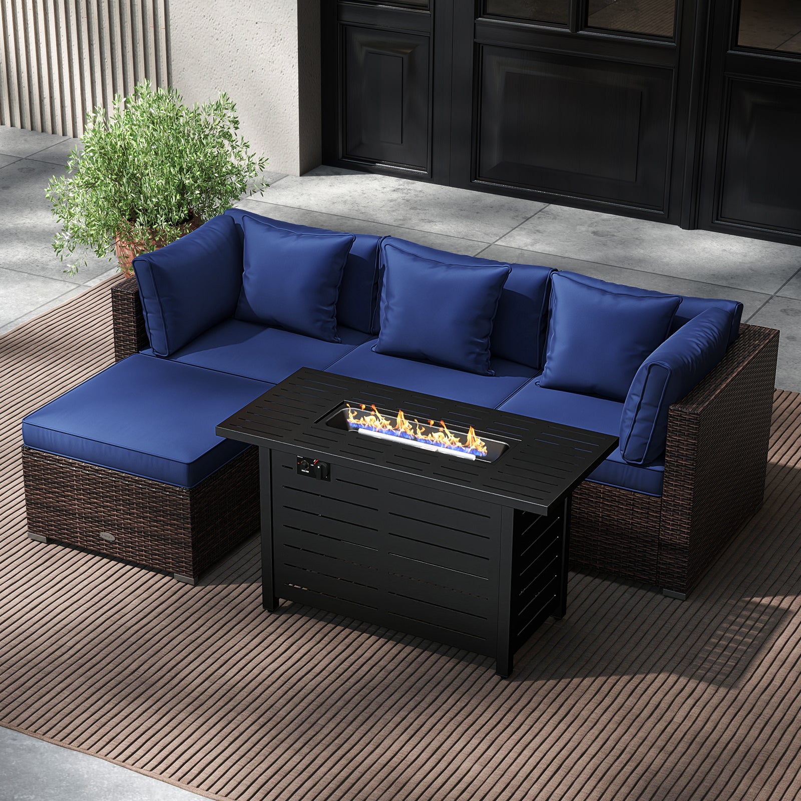 Heavy-duty Frame Rattan Sofa Set with 60000 BTU Firepit Table