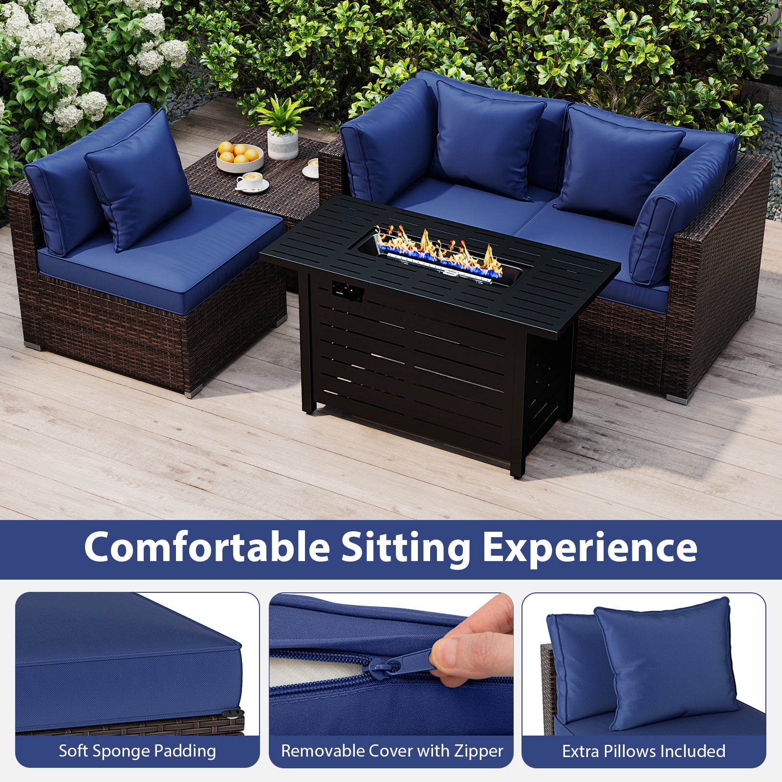 Heavy-duty Frame Rattan Sofa Set with 60000 BTU Firepit Table