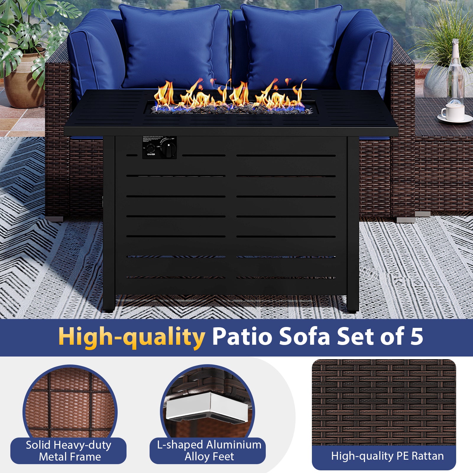 Heavy-duty Frame Rattan Sofa Set with 60000 BTU Firepit Table