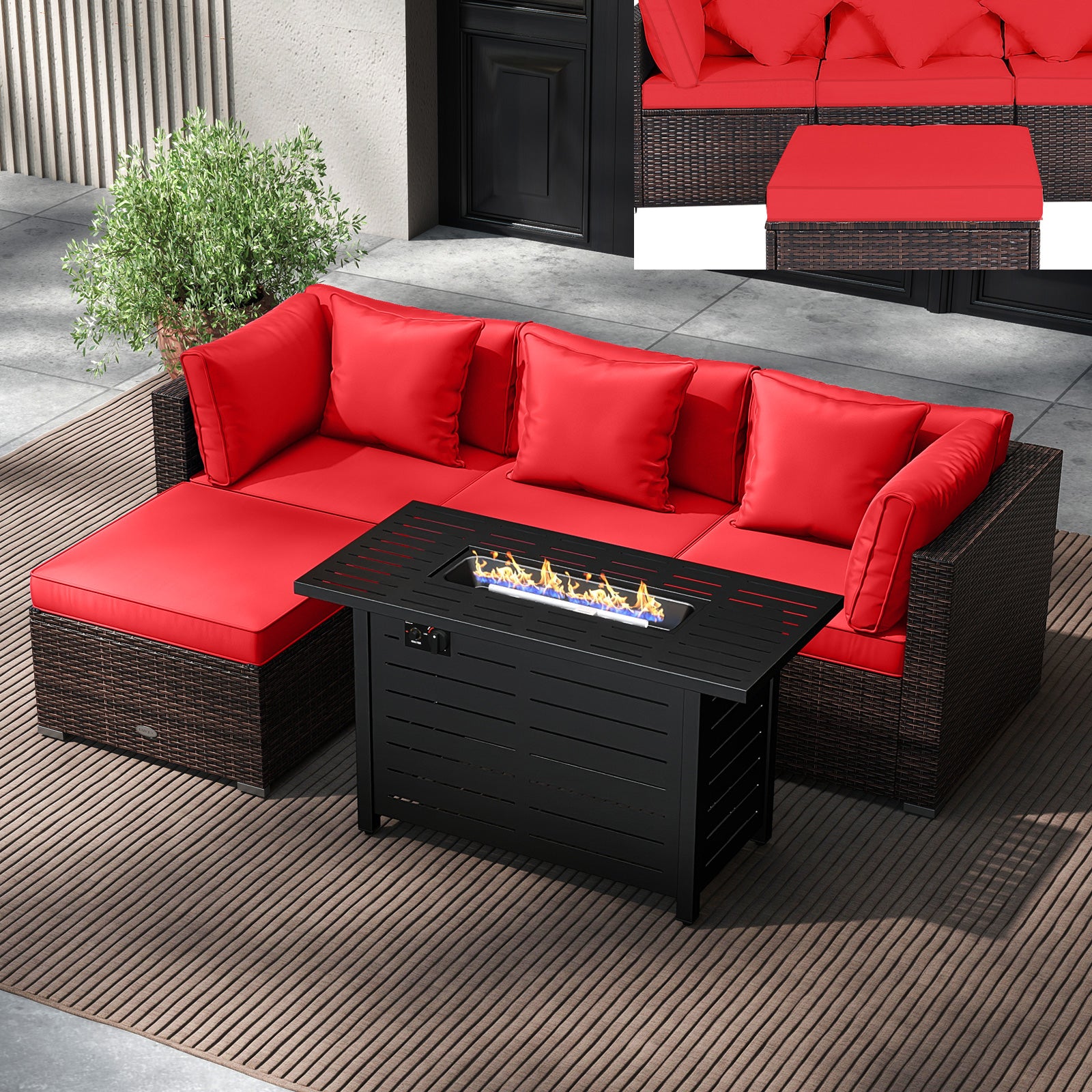Heavy-duty Frame Rattan Sofa Set with 60000 BTU Firepit Table
