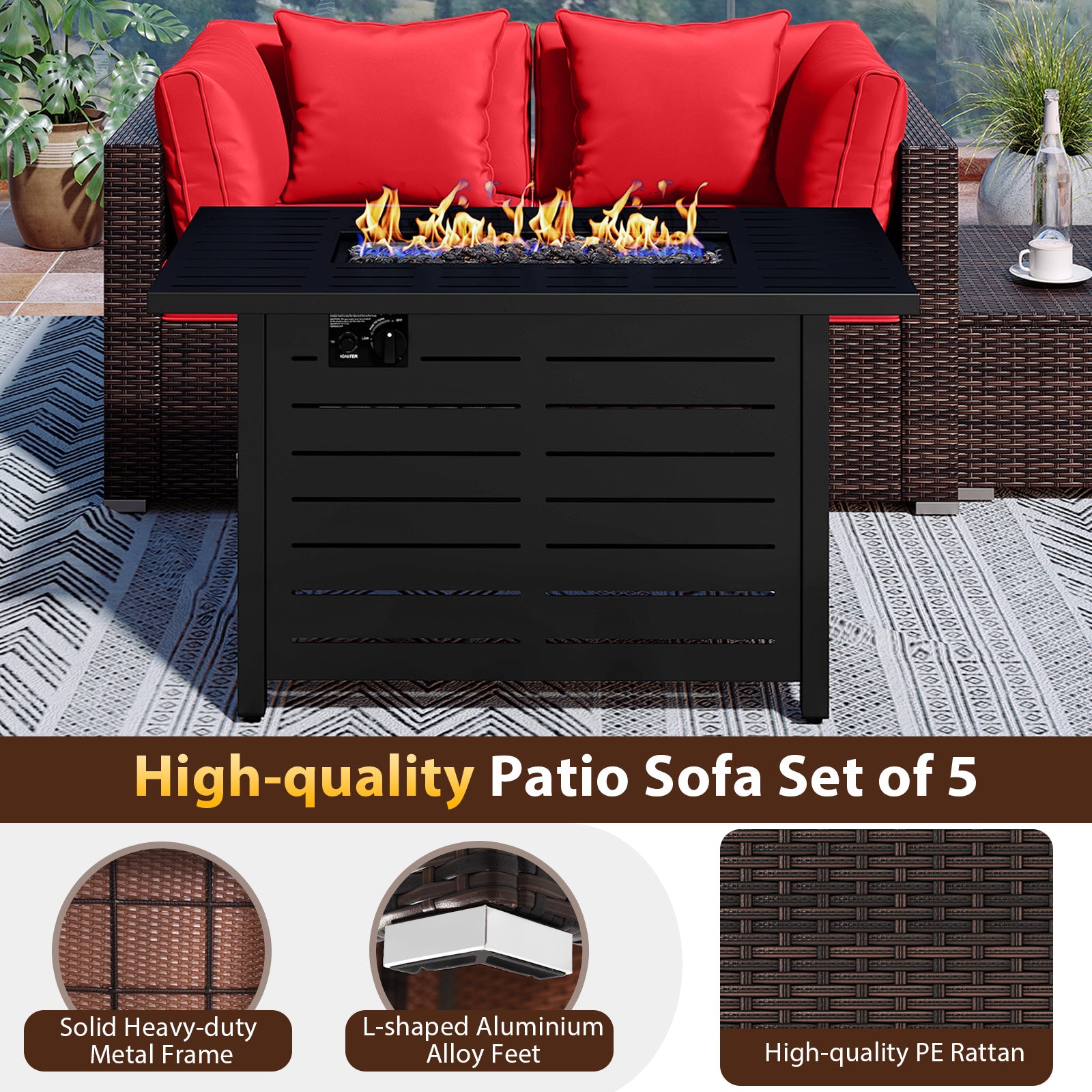 Heavy-duty Frame Rattan Sofa Set with 60000 BTU Firepit Table