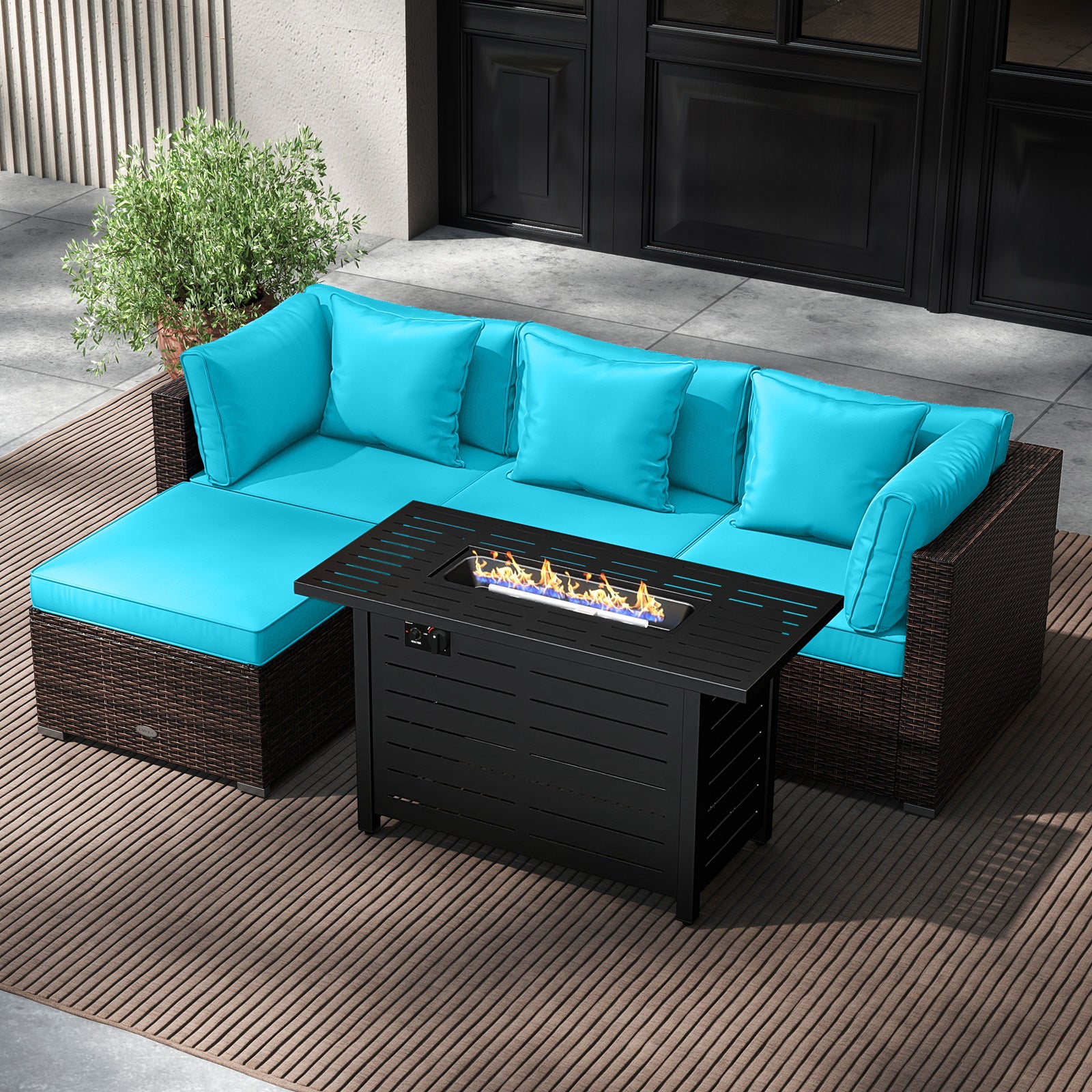 Heavy-duty Frame Rattan Sofa Set with 60000 BTU Firepit Table