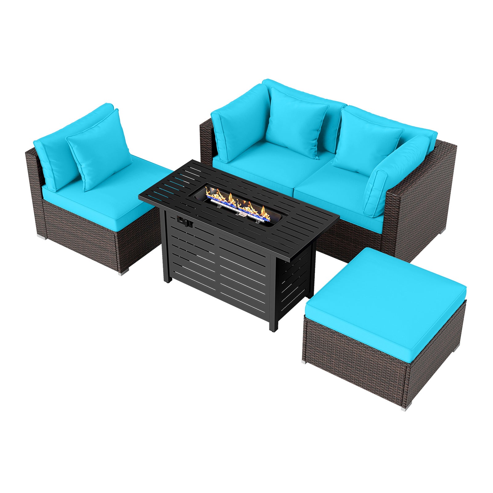 Heavy-duty Frame Rattan Sofa Set with 60000 BTU Firepit Table