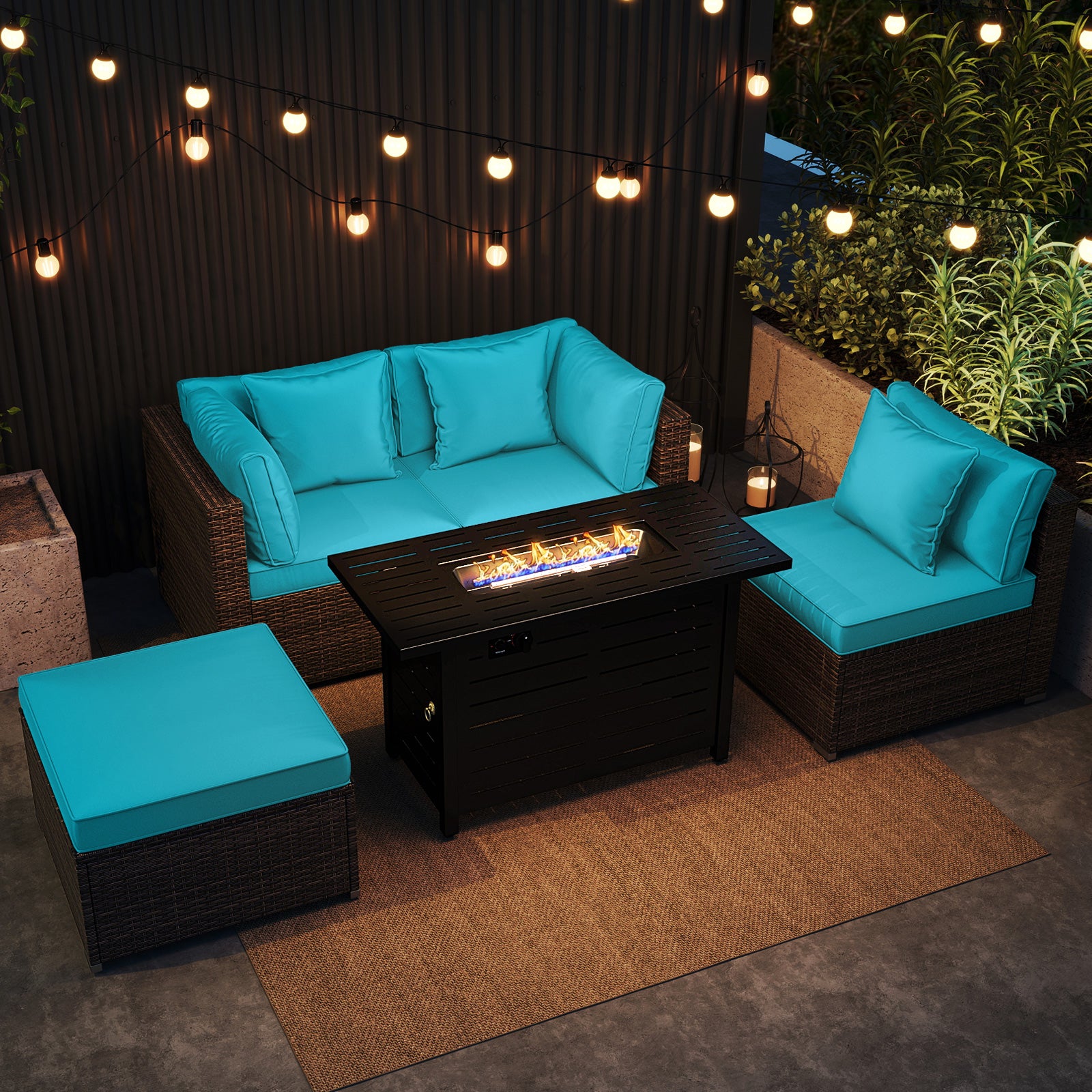 Heavy-duty Frame Rattan Sofa Set with 60000 BTU Firepit Table
