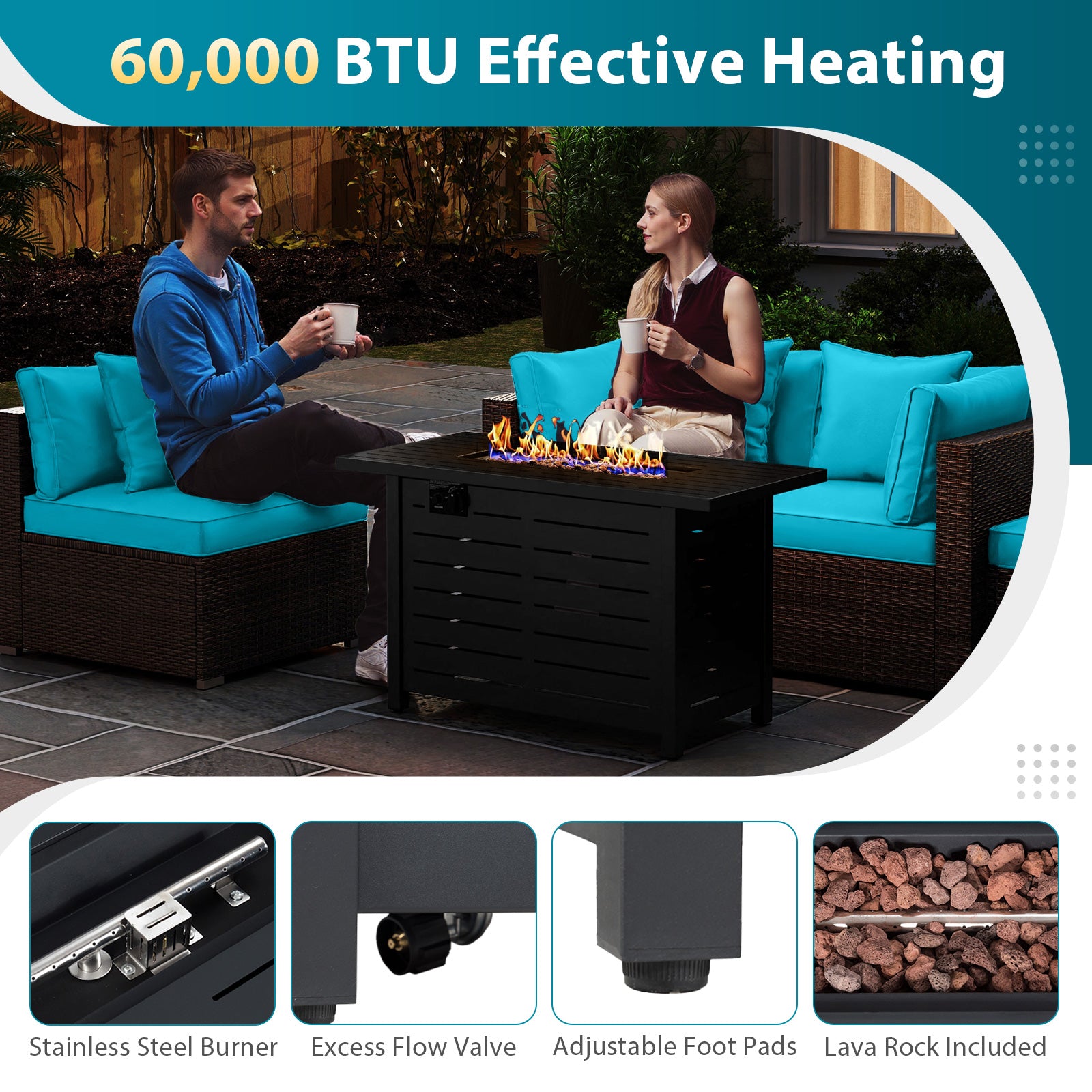 Heavy-duty Frame Rattan Sofa Set with 60000 BTU Firepit Table