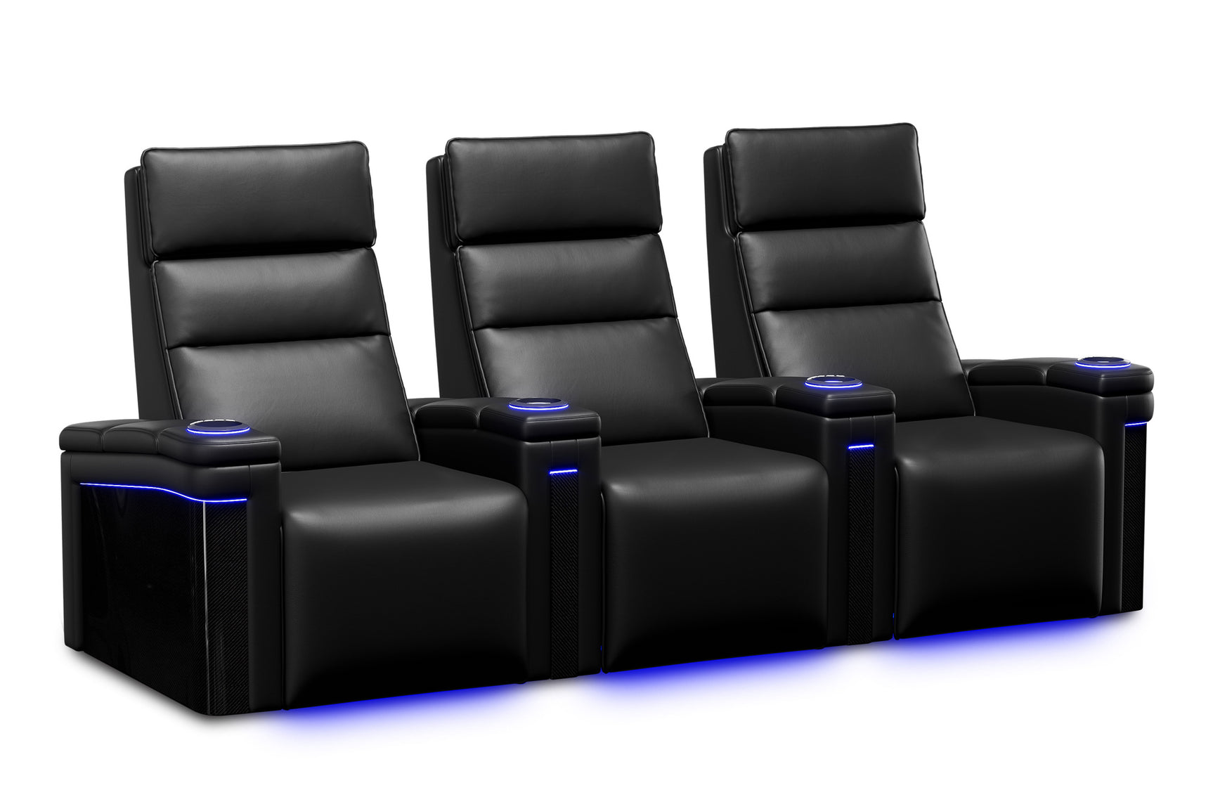 Valencia 2025 New Monza Leather Home Theater Seating With Carbon Fiber Panel Row of 3, Black