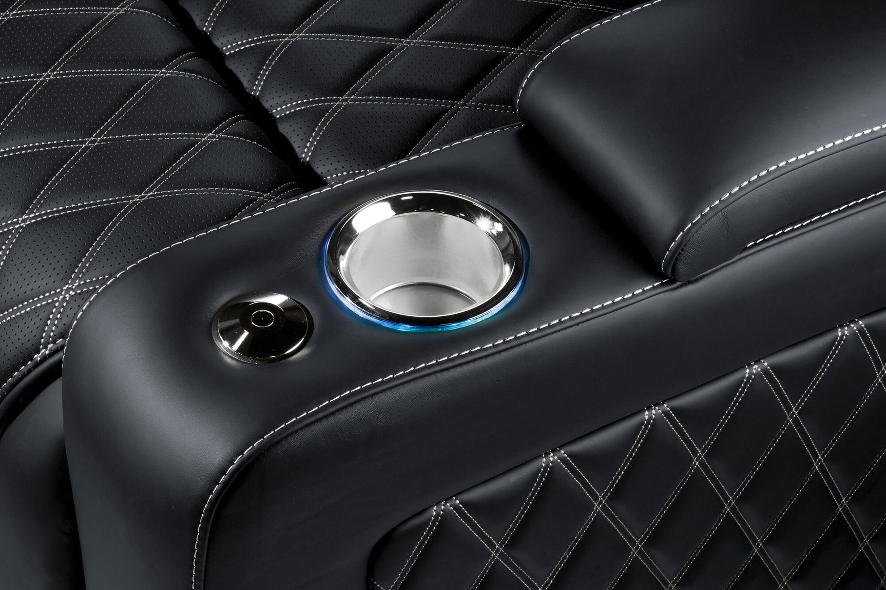 Valencia 2025 New Oslo Ultimate Luxury Leather Home Theater Seating Row of 4 Loveseat Center, Onyx with Silver Stitching