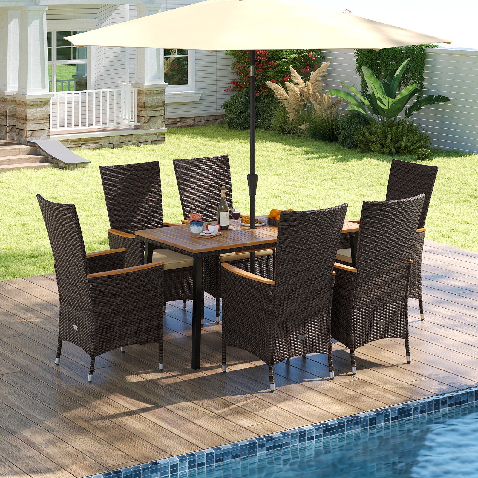 Outdoor Dining Set for 6 Patio Wicker Armchairs and Acacia Wood Table