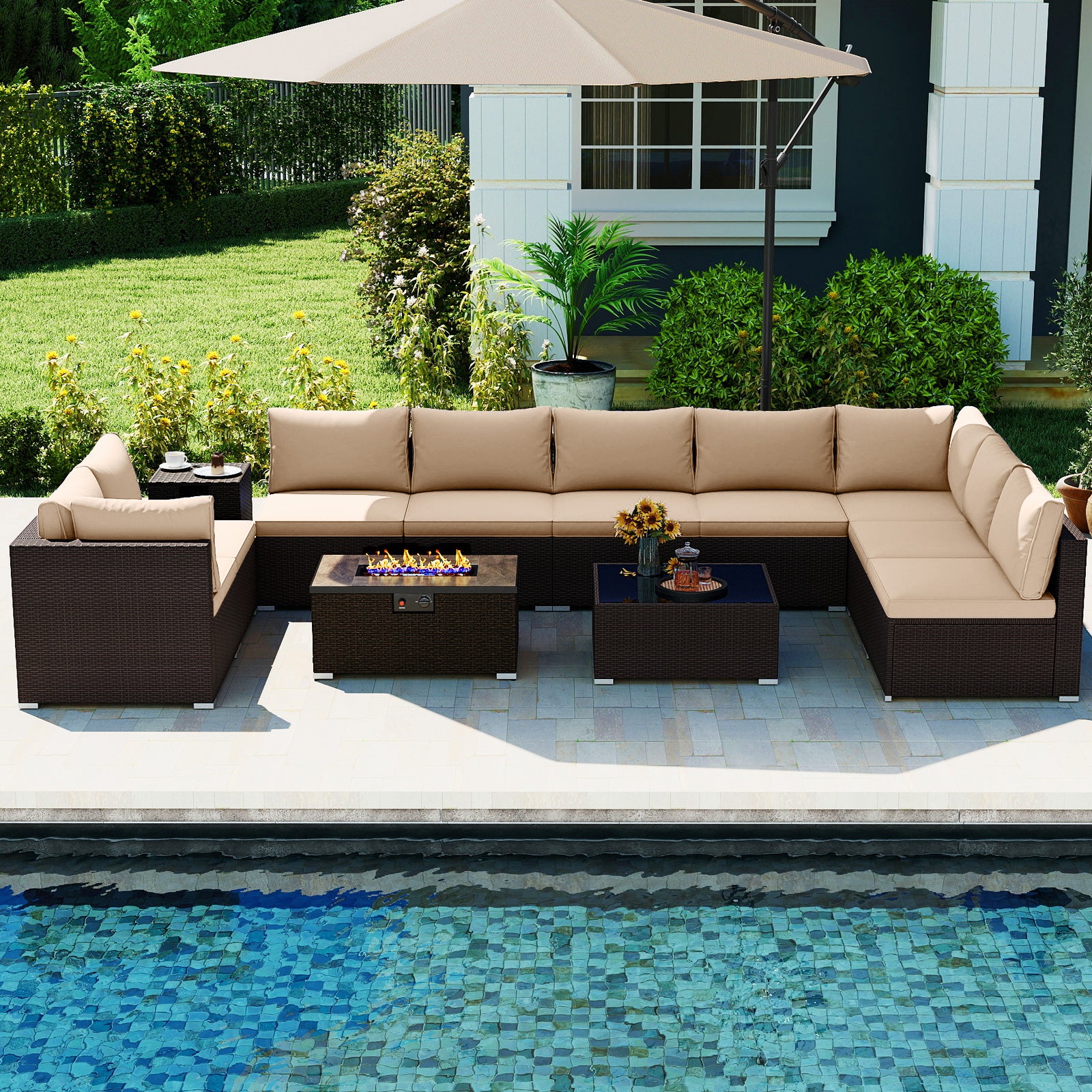 Outdoor PE Rattan Conversation Set with 32” Propane Fire Pit Table and Tank Holder