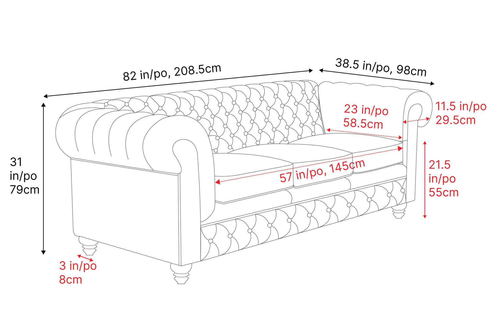 Valencia Parma 82" Full Aniline Leather Chesterfield Three Seats Sofa
