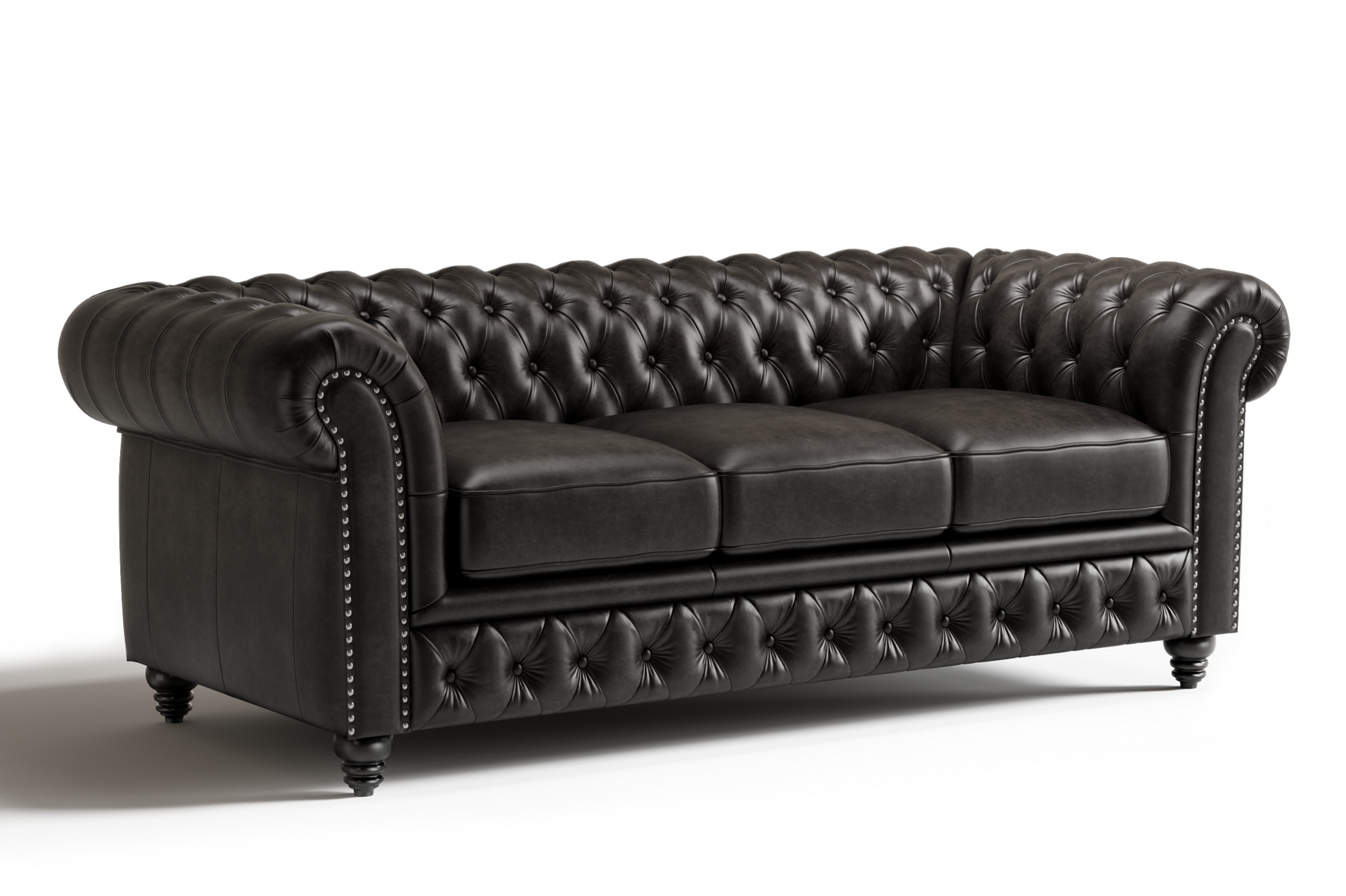 Valencia Parma 82" Full Aniline Leather Chesterfield Three Seats Sofa, Black