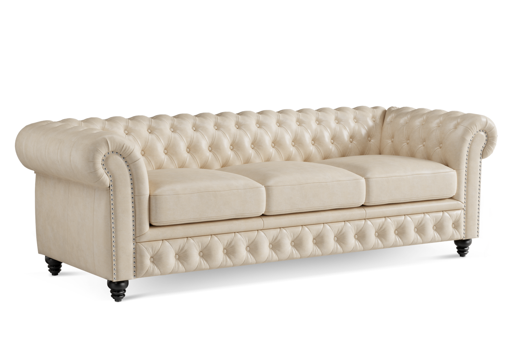 Valencia Parma 92" Full Aniline Leather Chesterfield Three Seats Sofa, Antique White