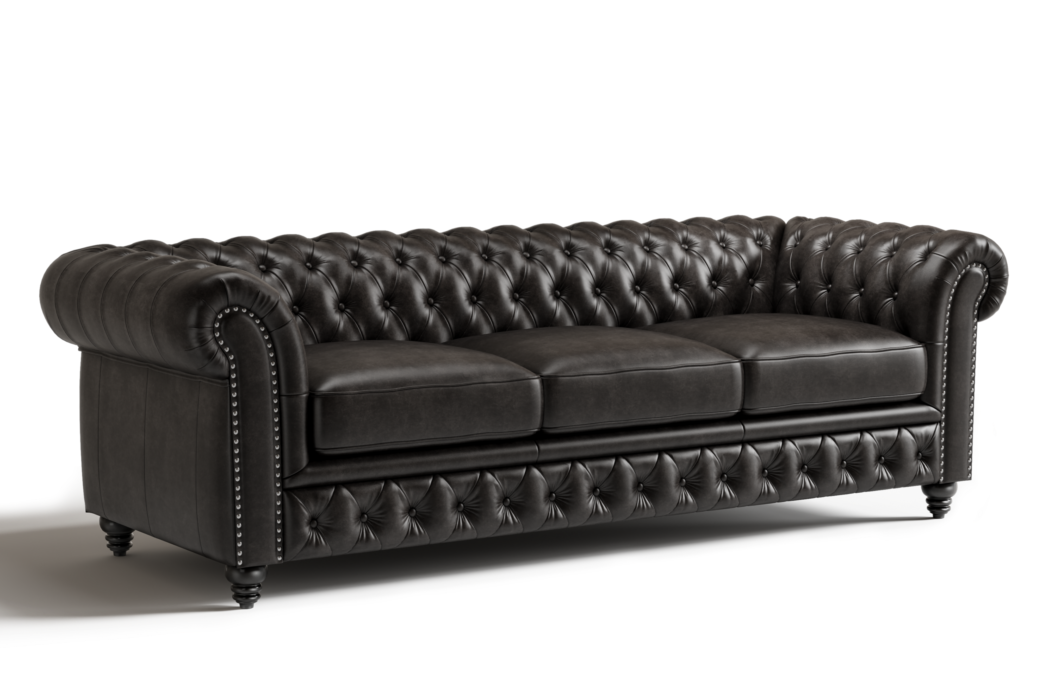 Valencia Parma 92" Full Aniline Leather Chesterfield Three Seats Sofa, Black