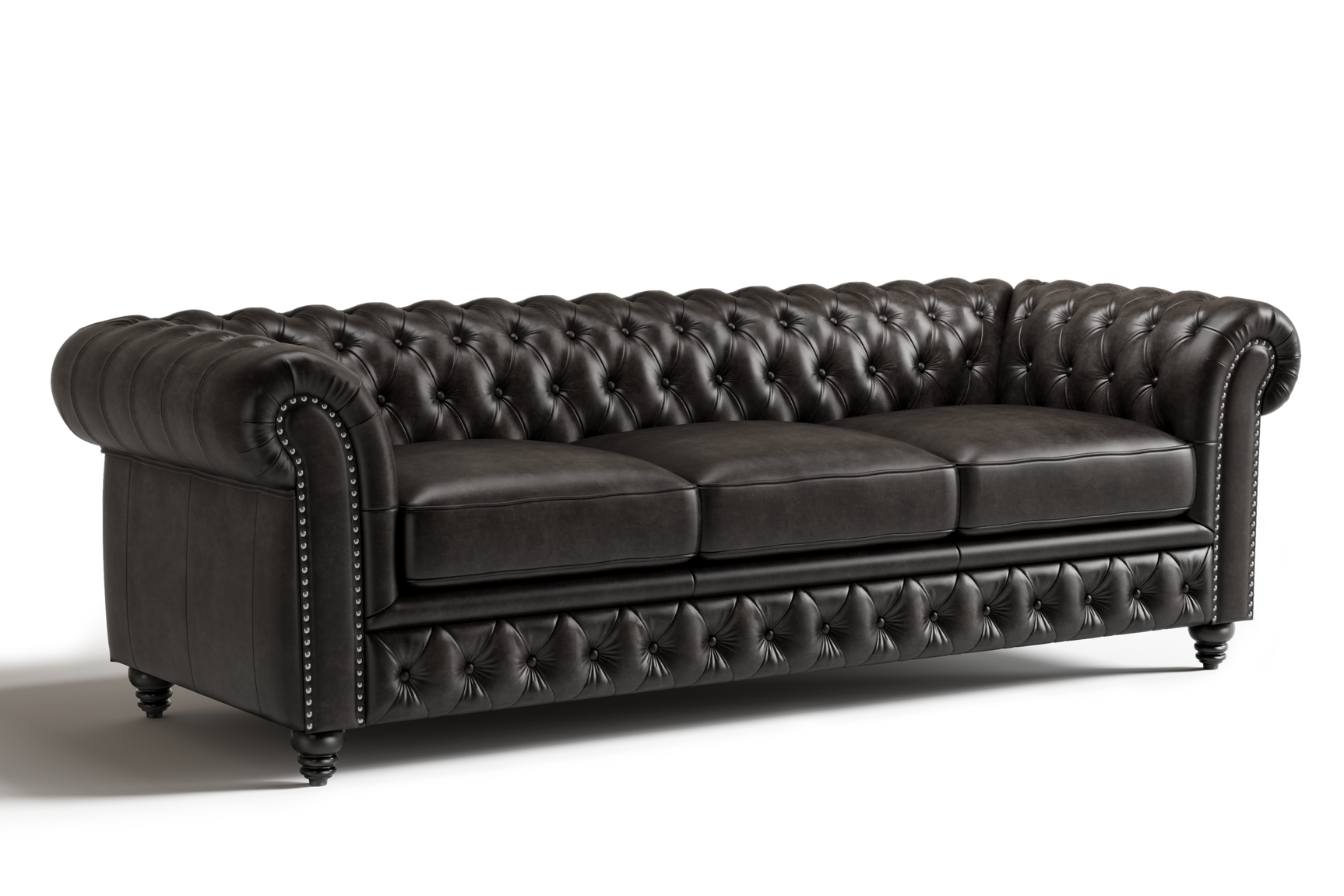 Valencia Parma 92" Full Aniline Leather Chesterfield Three Seats Sofa, Black