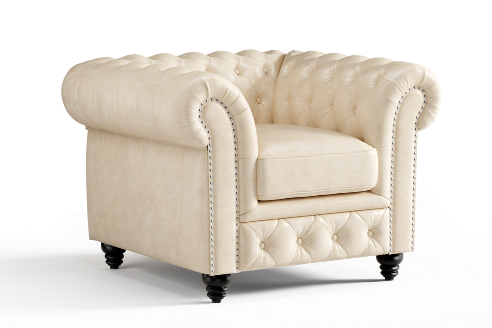 Valencia Parma Full Aniline Leather Chesterfield Single Sofa Accent Chair, Antique White Color