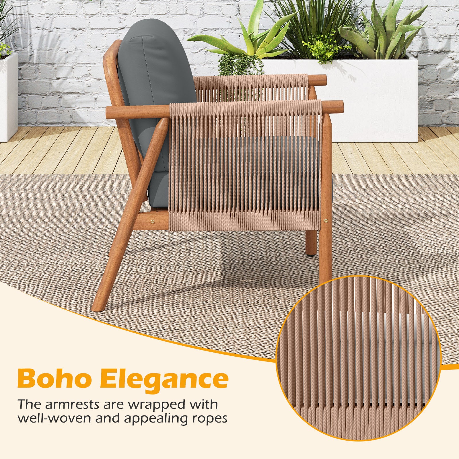 Patio Acacia Wood Chair Set of 4 with Woven Rope Armrests and Seat Back Cushions for Backyard