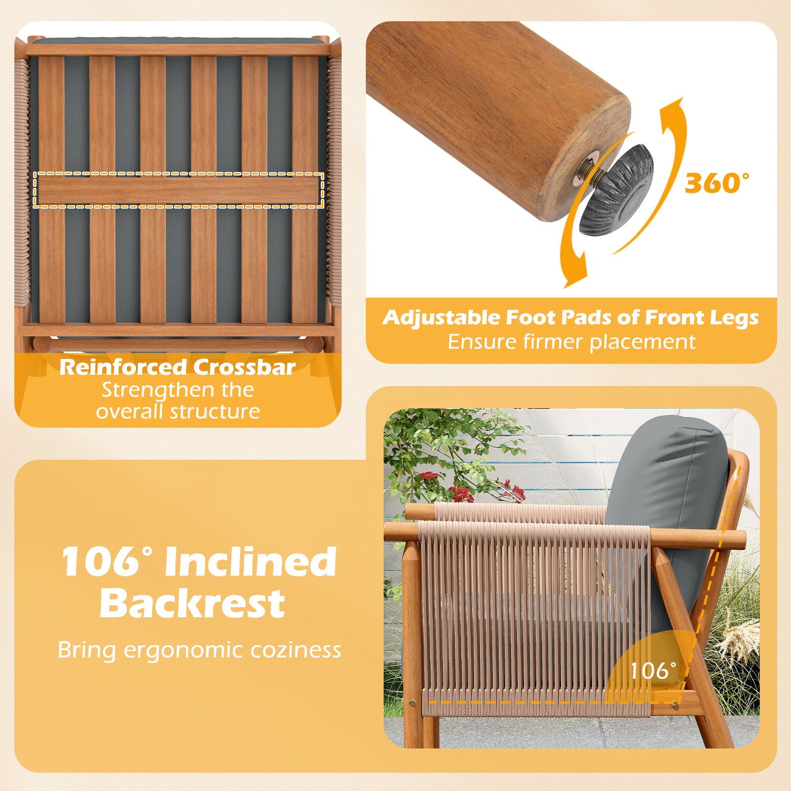 Patio Acacia Wood Chair Set of 4 with Woven Rope Armrests and Seat Back Cushions for Backyard