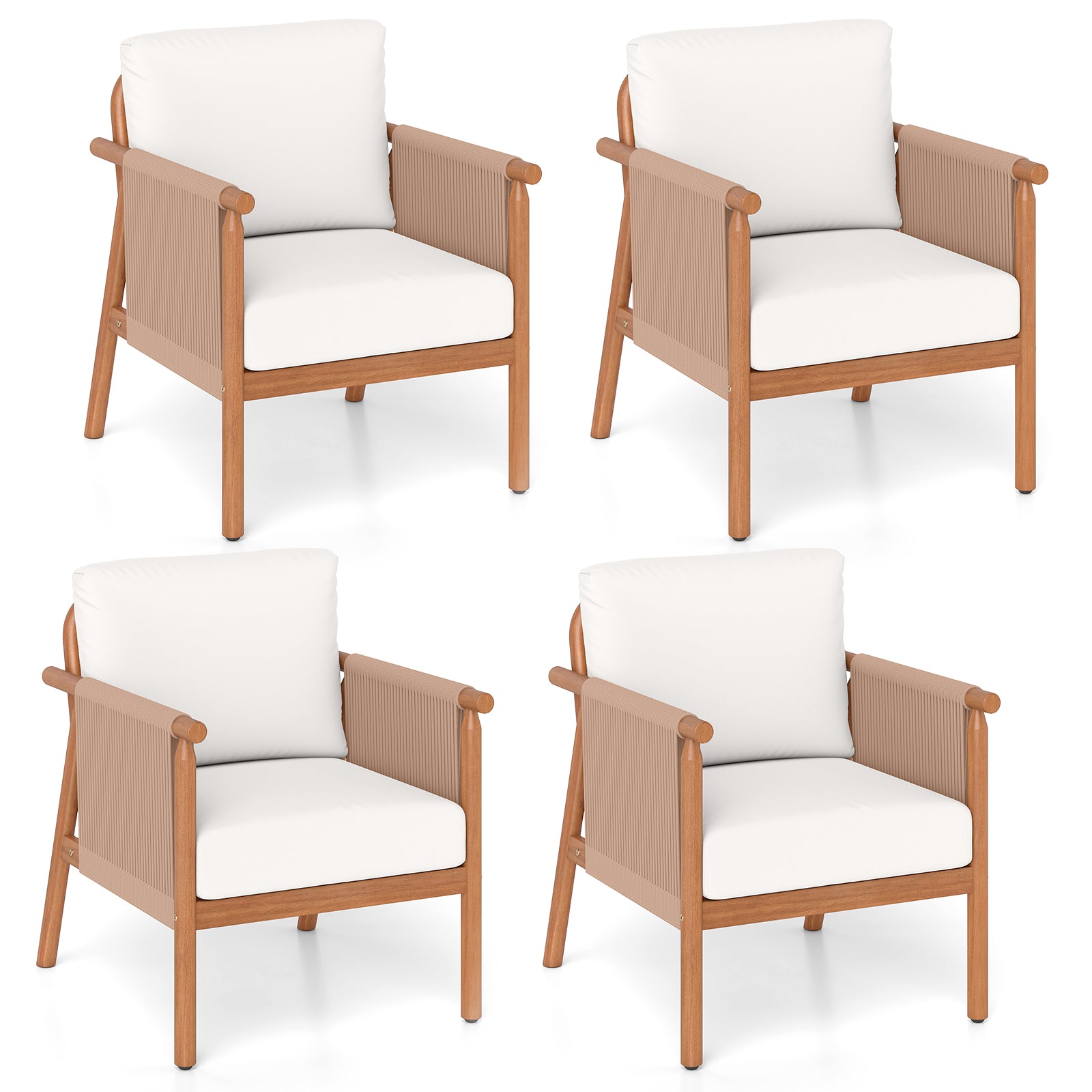Patio Acacia Wood Chair Set of 4 with Woven Rope Armrests and Seat Back Cushions for Backyard