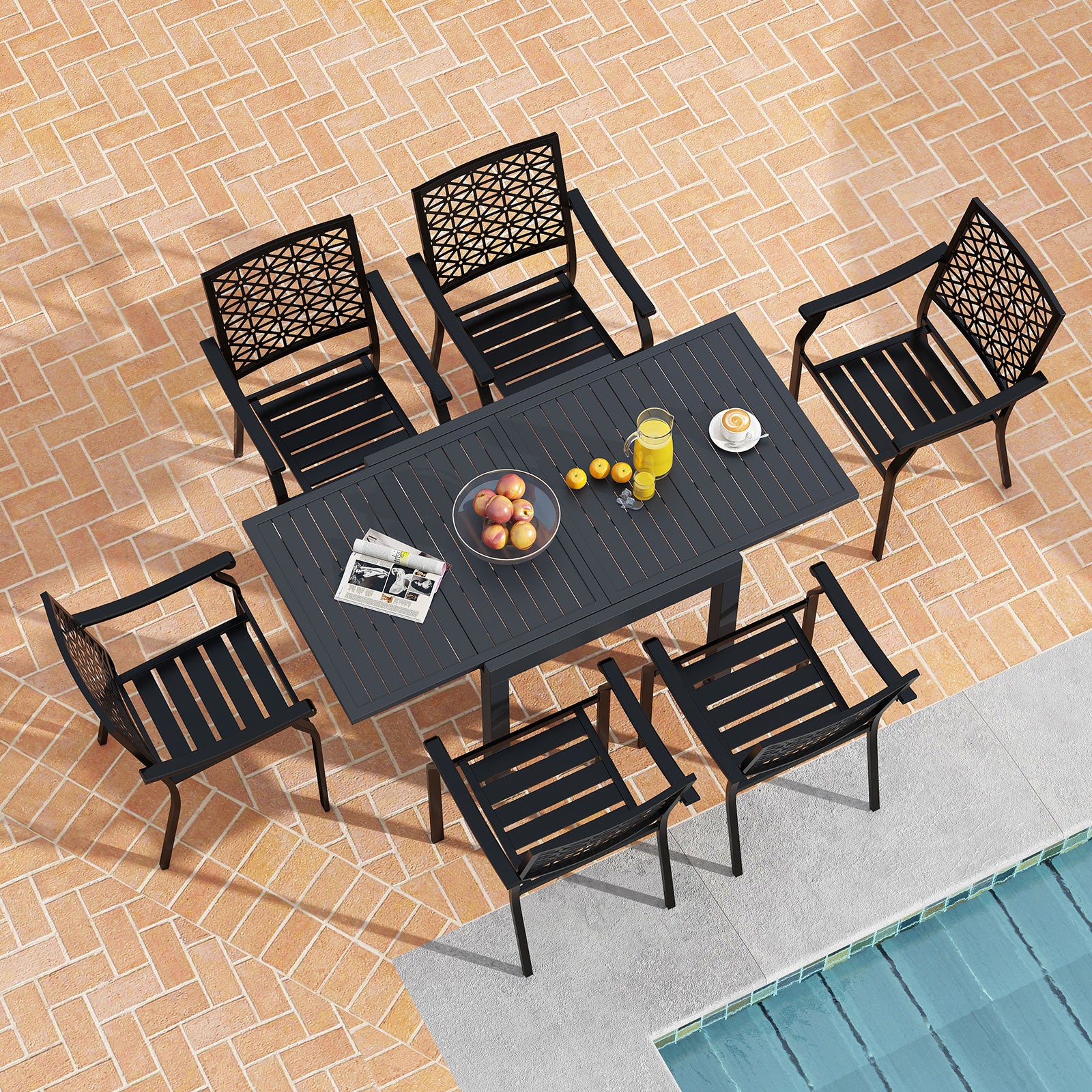 Patio Rectangular Aluminum Table and Stackable Armchairs Set with Slatted Tabletop and Seats