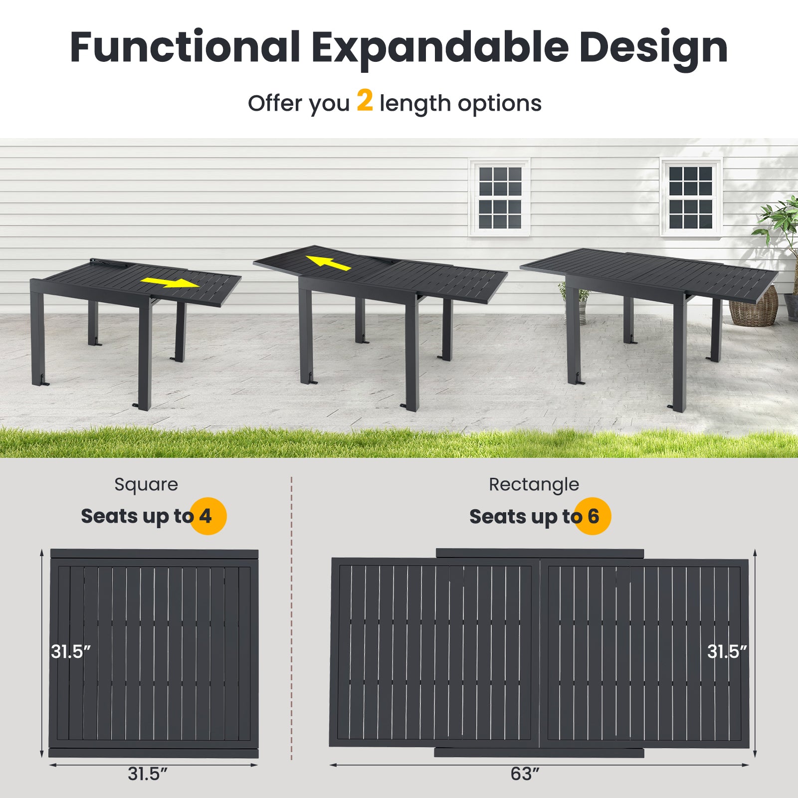 Patio Rectangular Aluminum Table and Stackable Armchairs Set with Slatted Tabletop and Seats